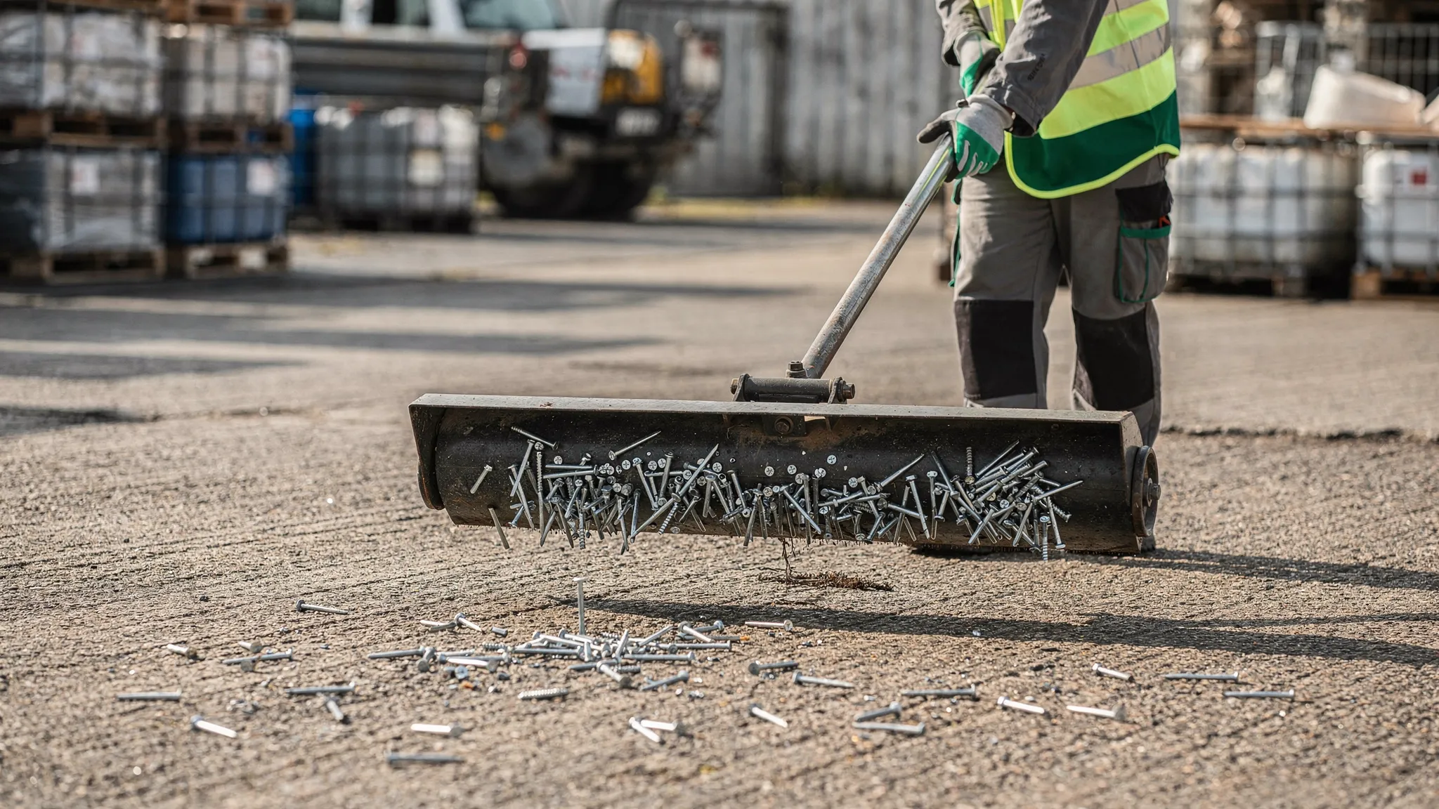 A sweeping technician using a magnetic sweeper to collect scattered nails and metal fragments from an industrial yard surface, with small metal pieces visible on the magnet.