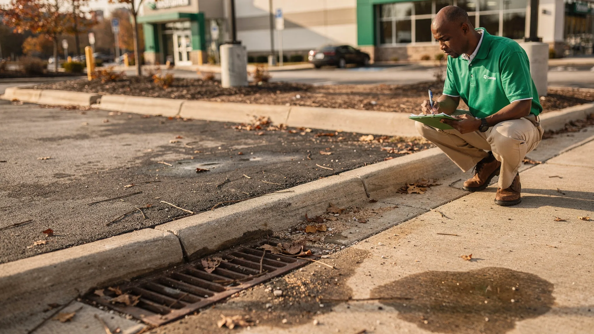 A Nashville commercial property edge with curb and gutter lines, storm drain inlet, and scattered leaves and grit, as a property manager performs a visual inspection with a clipboard.