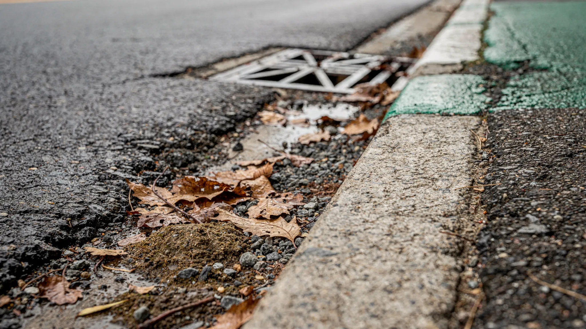 A close-up street-level view of a curb and gutter line with built-up sediment, leaves, and small gravel near a storm drain inlet, showing how debris collects along the edge of the roadway.