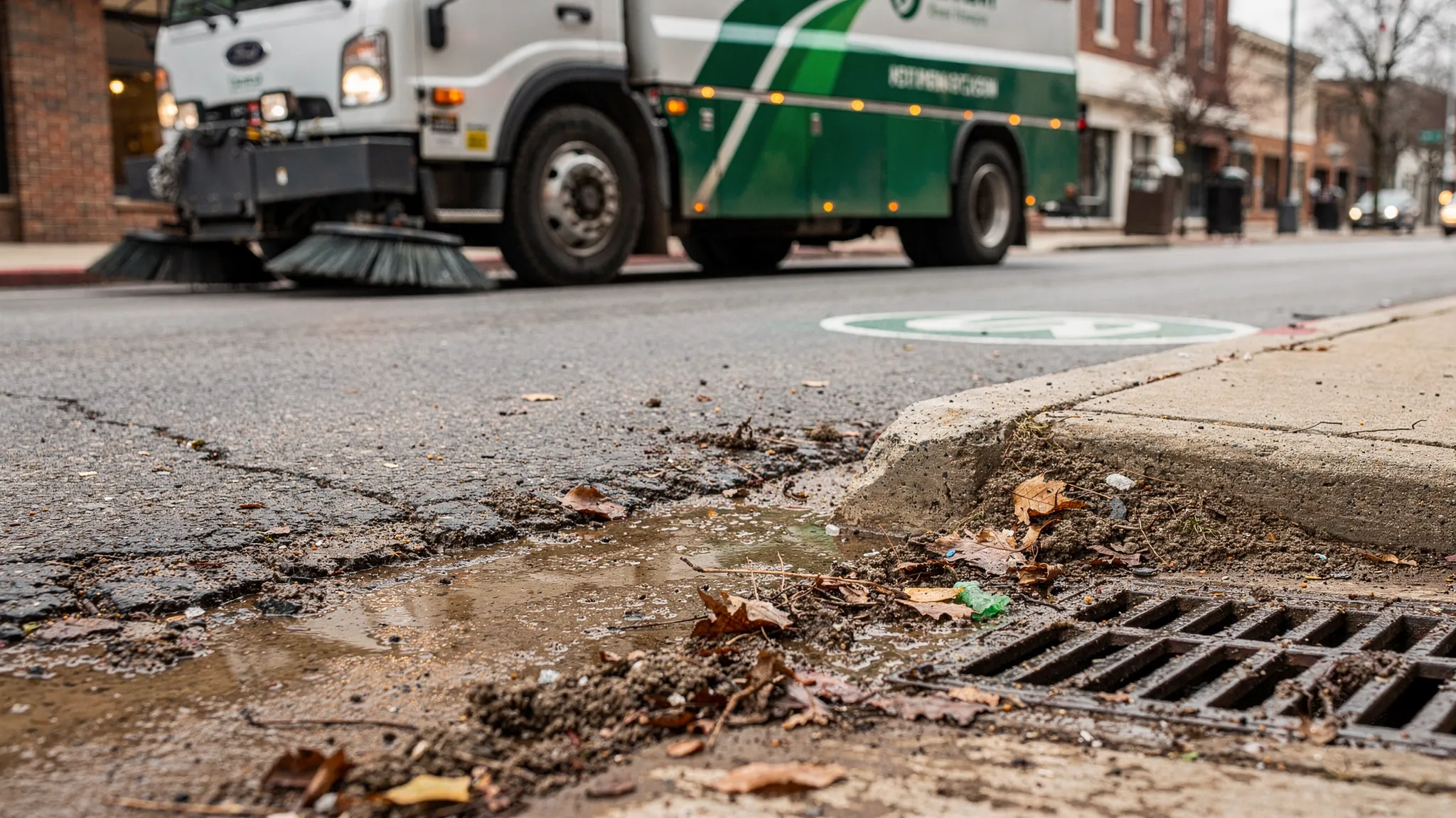 A Nashville commercial curb line and gutter near a storm drain inlet with visible sediment, leaves, and litter concentrated at the corner; a sweeper truck is staged nearby to show how debris gathers in predictable edge zones.