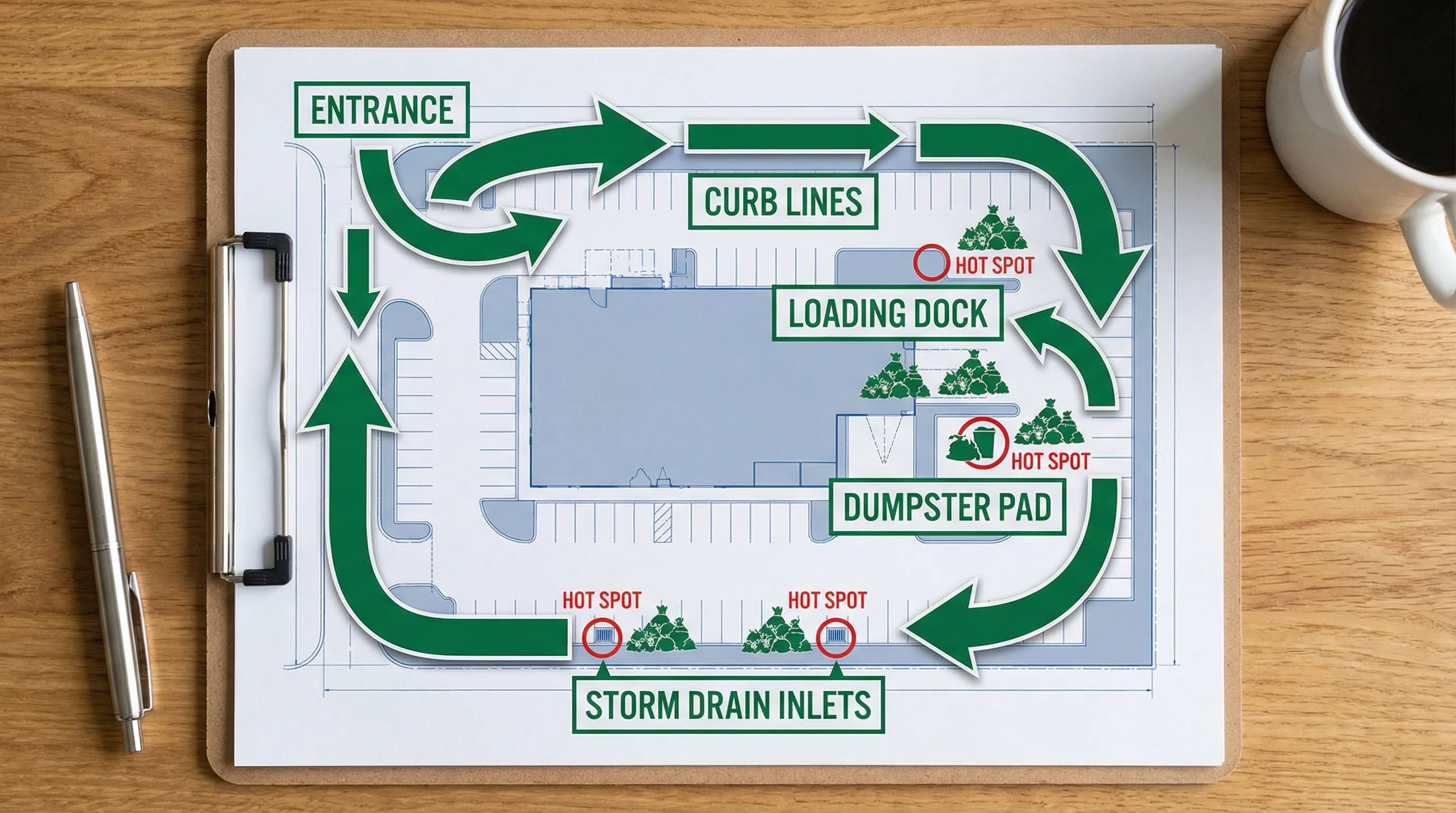 A simple overhead site diagram of a commercial property with five labeled sweeping zones (entrance, curb lines, loading dock, dumpster pad, storm drain inlets), showing arrows for the sweeping route and icons marking debris hot spots.