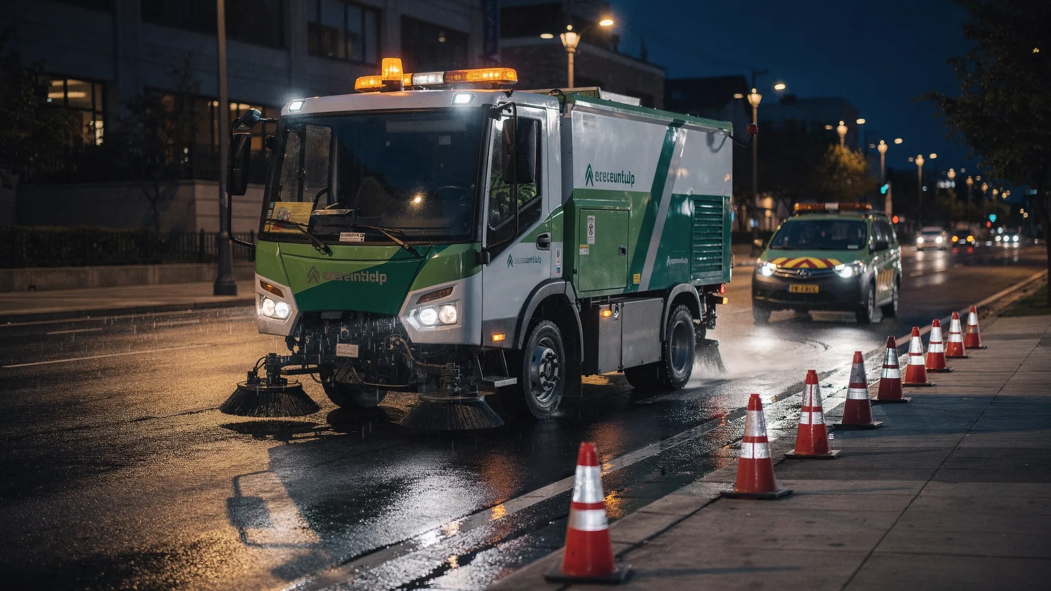 A street sweeper operating at night on a well-lit urban street with reflective cones and a safety vehicle, showing clean curb lines and minimal traffic.