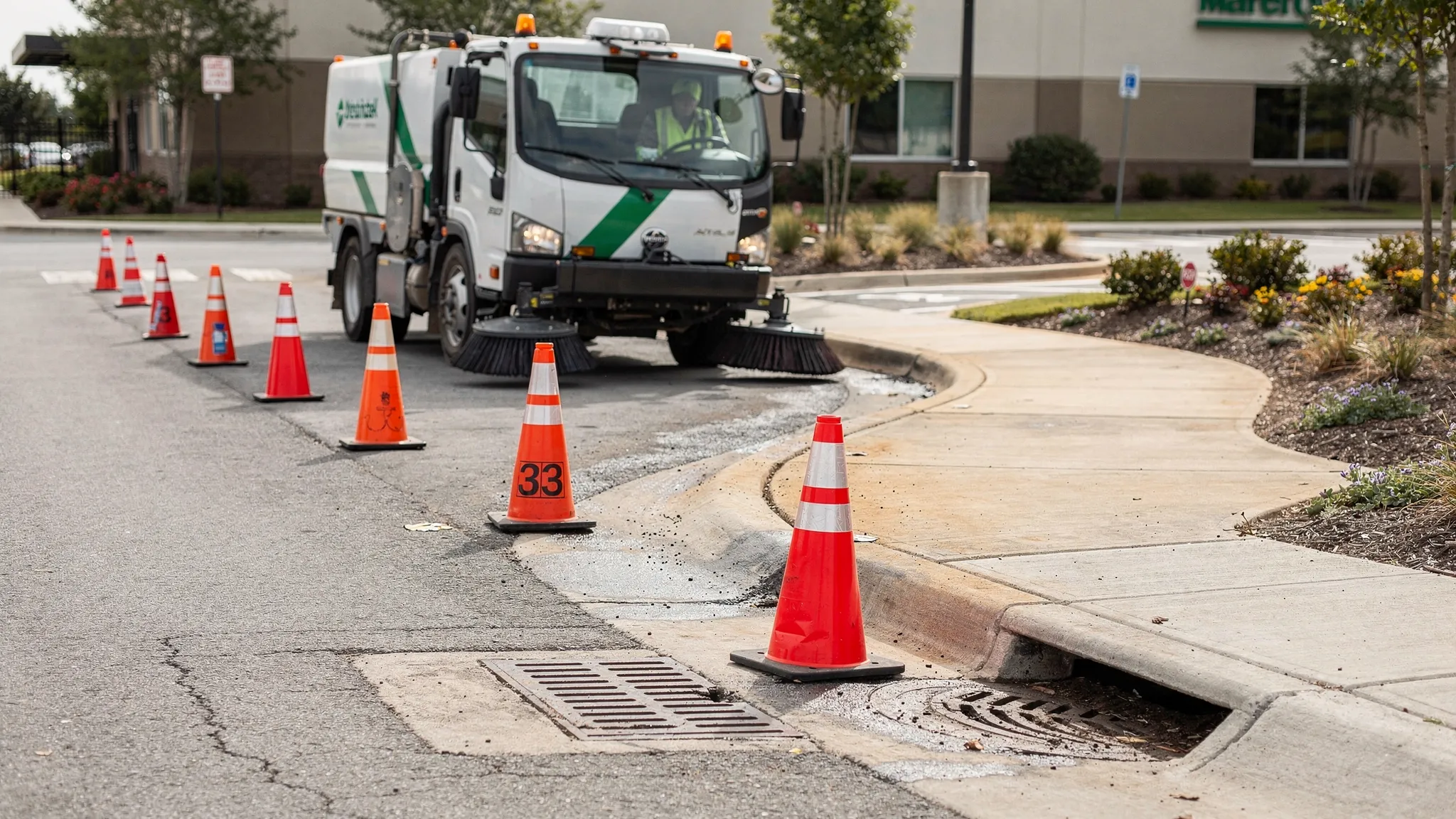 A street sweeper cleans along a curb line near a storm drain inlet on a commercial property, with visible cones creating a safety buffer and a clean, debris-free curb edge behind the sweeper.