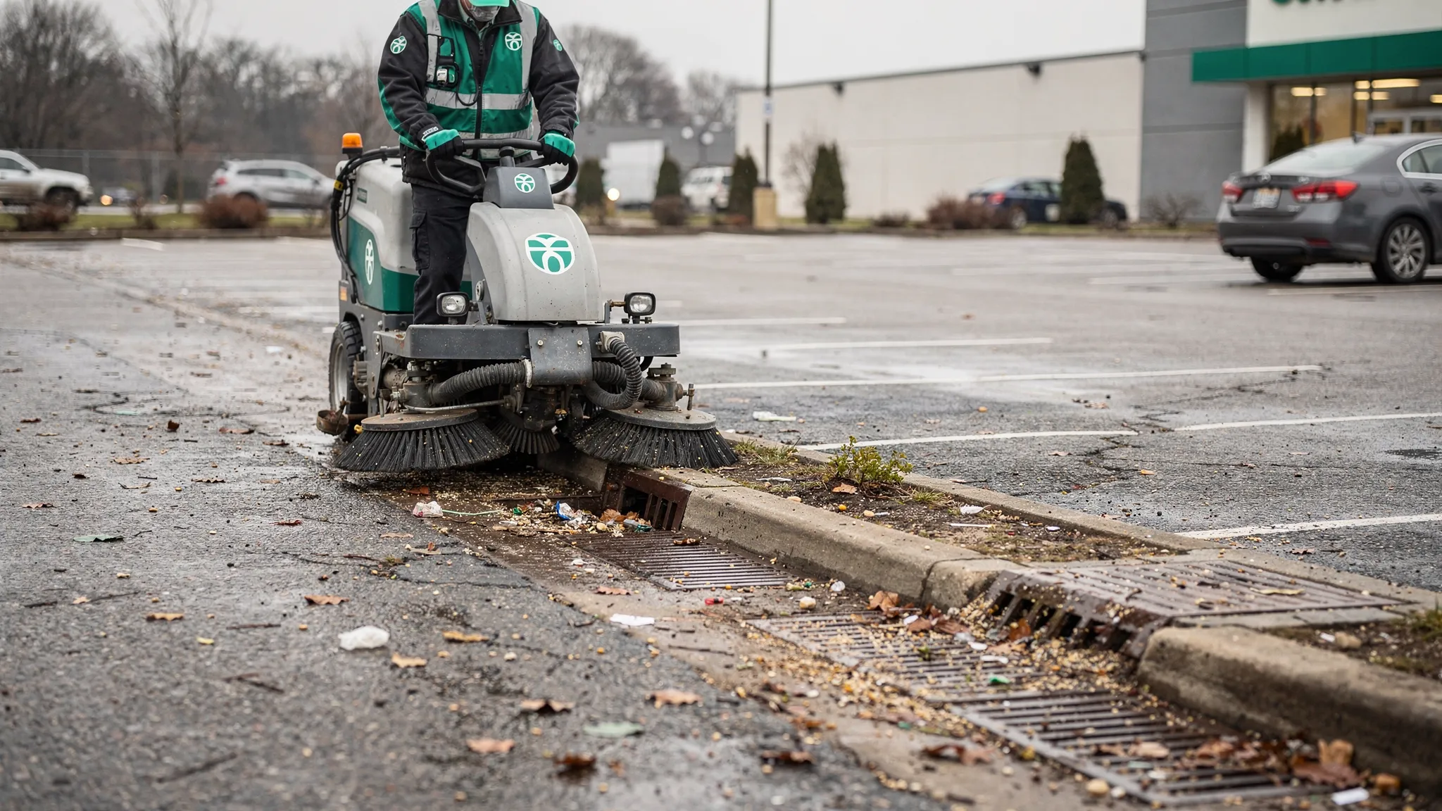 A professional street sweeper cleaning a commercial parking lot edge near a curb line on an overcast day, with visible debris being collected and storm drains nearby.