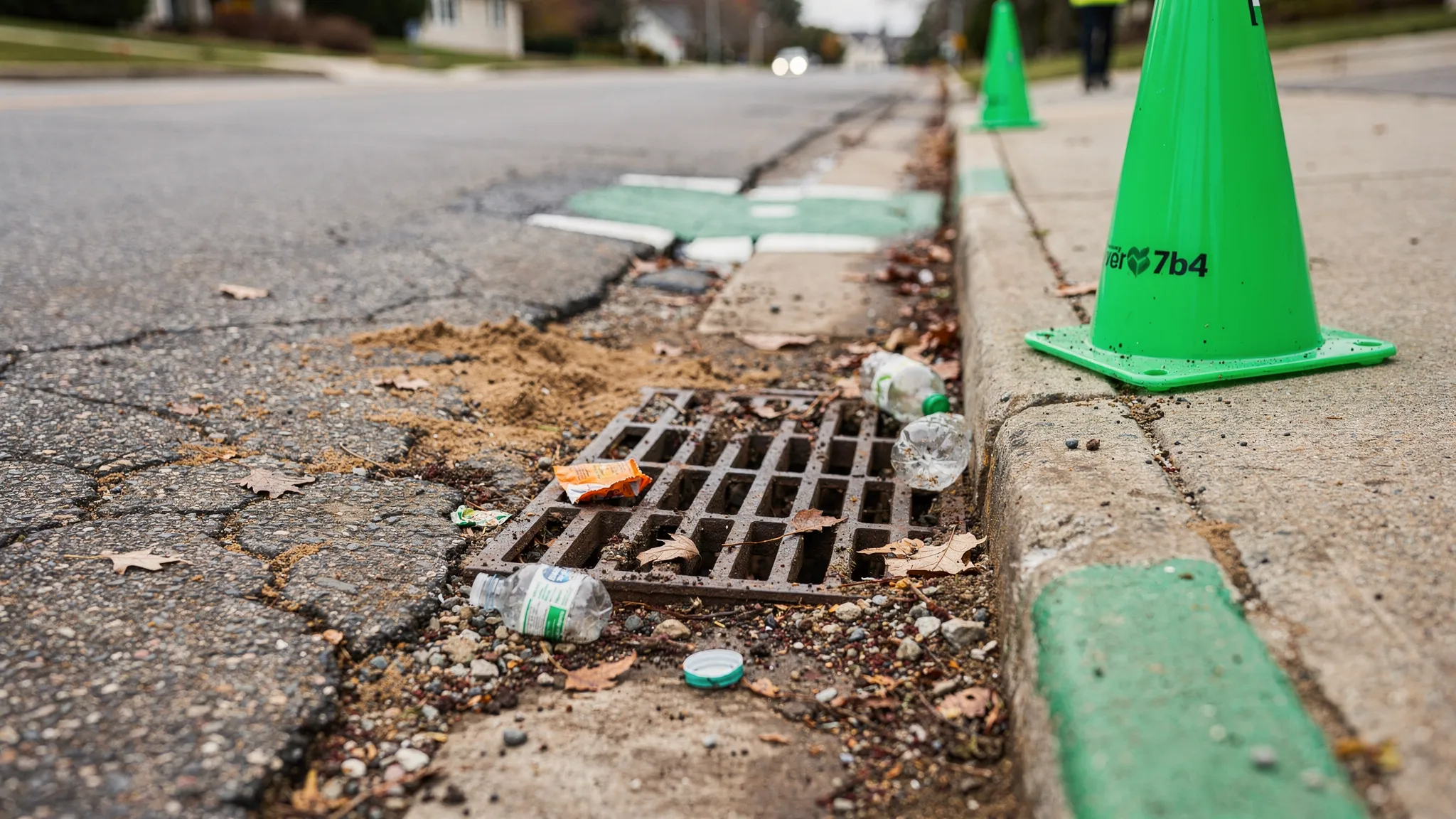 A curb line and storm drain inlet with visible sediment buildup and small litter, with safety cones marking the area for cleanup, showing why inlet checks matter for stormwater protection.