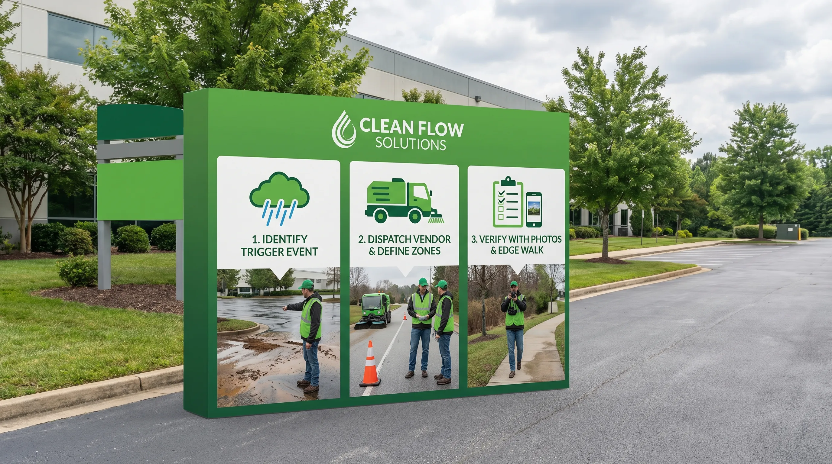 A simple site cleanup communication flow showing three steps: identify trigger event, dispatch cleanup vendor with defined zones, and verify with photos and a quick edge walk, illustrated with icons like rain cloud, sweeper truck, and clipboard.