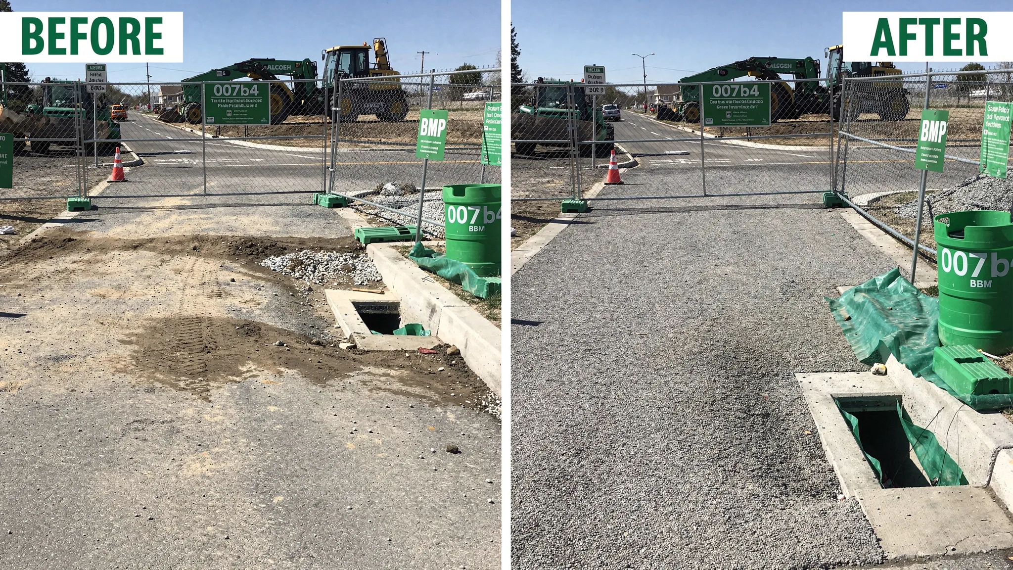 A construction site entrance and haul route with a clear stabilized exit pad, clean curb line, and a nearby storm drain inlet protected and free of sediment, showing before-and-after style cleanliness cues.