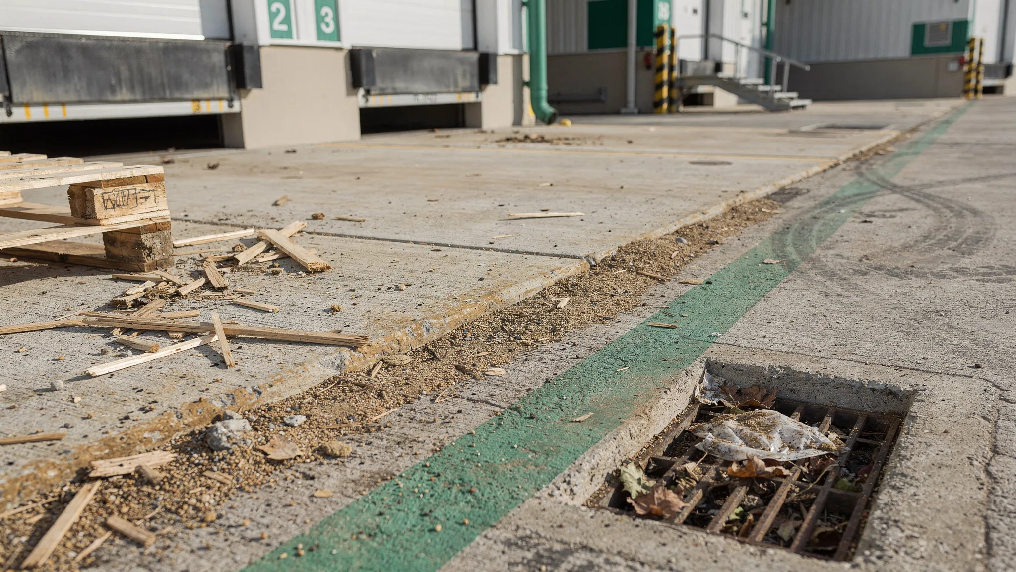 A close-up scene of an industrial loading dock apron with visible debris hot spots highlighted conceptually: pallet fragments near a dock door, sediment along a curb line, and a storm drain inlet that needs clearing.