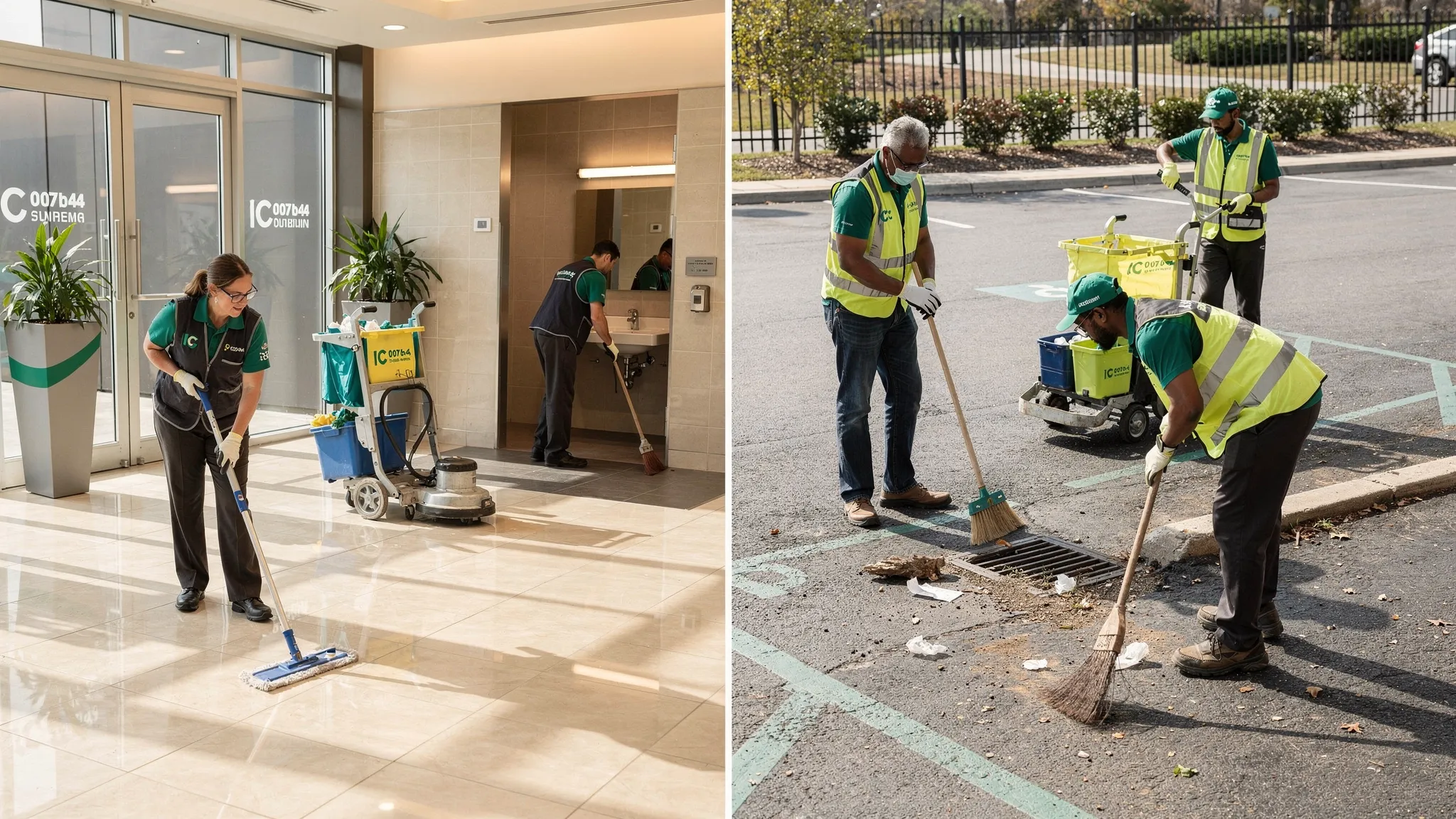 Split-scene showing an indoor janitorial crew cleaning a lobby floor and restrooms on one side, and an outdoor sweeping crew cleaning a parking lot curb line and storm drain area on the other side.