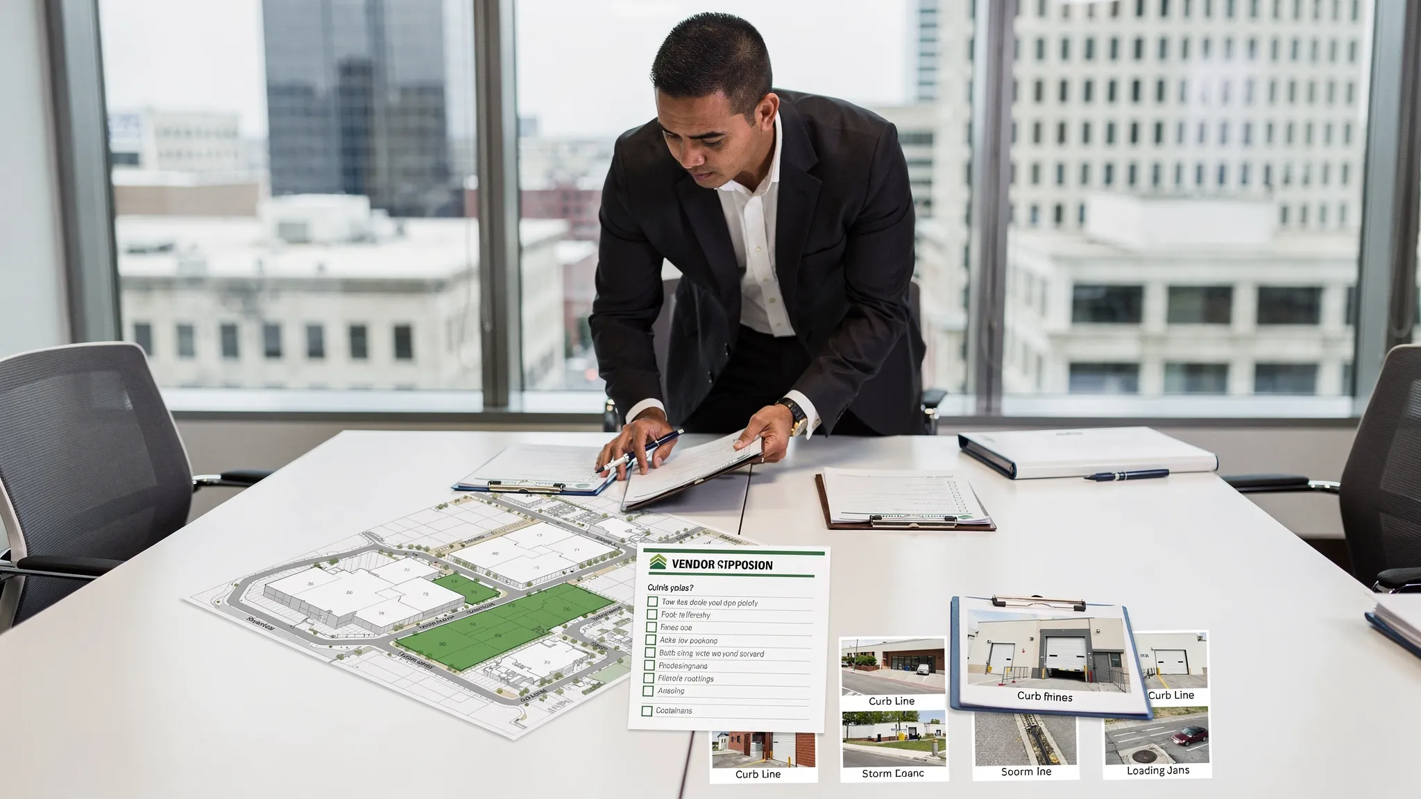 A commercial property manager in Nashville stands at a conference table reviewing two vendor proposals alongside a printed site map with highlighted zones, a clipboard checklist, and a few labeled photos of curb lines, storm drains, and loading docks.