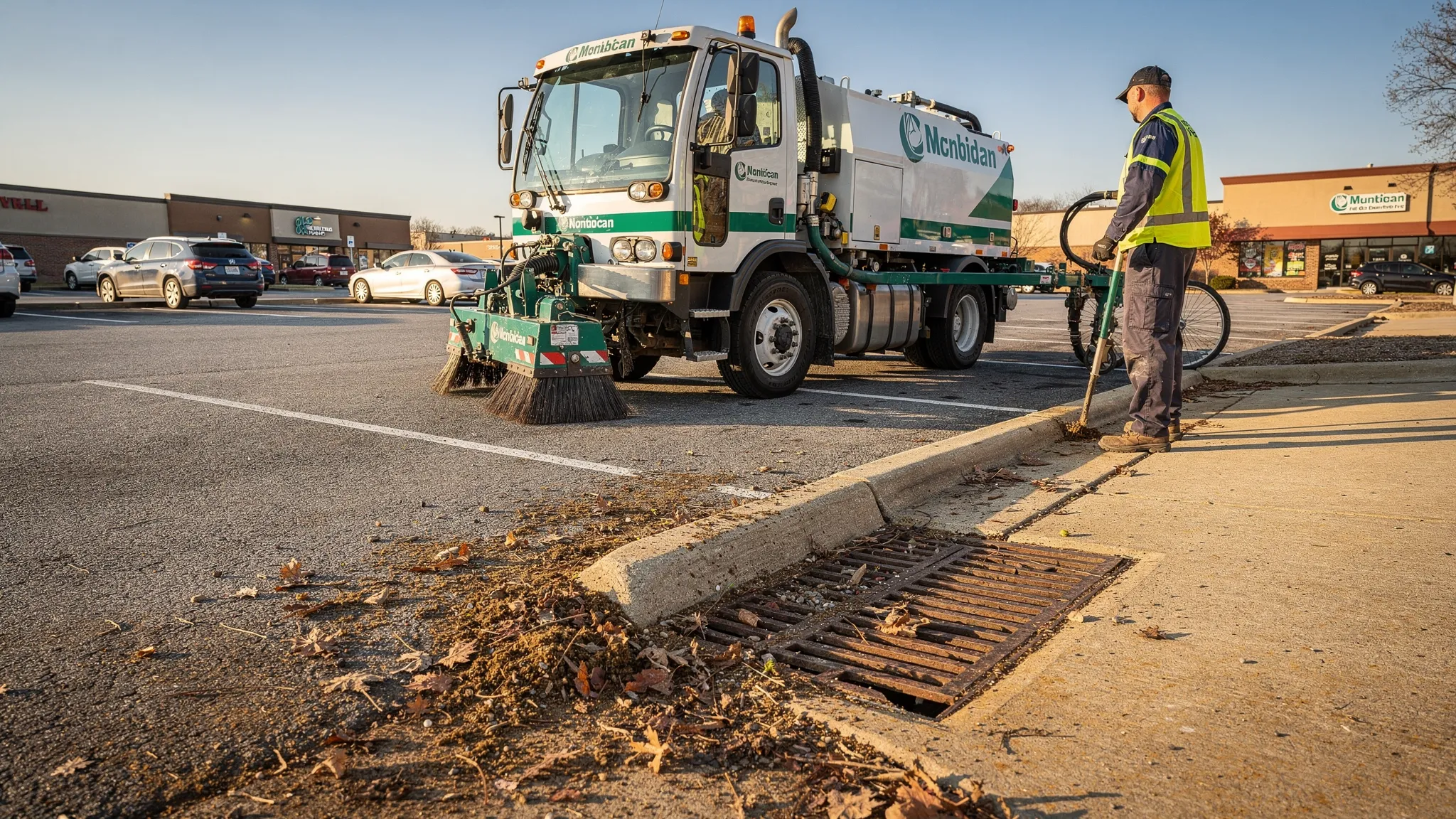 A professional street sweeper cleans a commercial parking lot curb line near a storm drain inlet on a clear day in Nashville, with visible leaves and sediment being collected and the curb edge left clean.