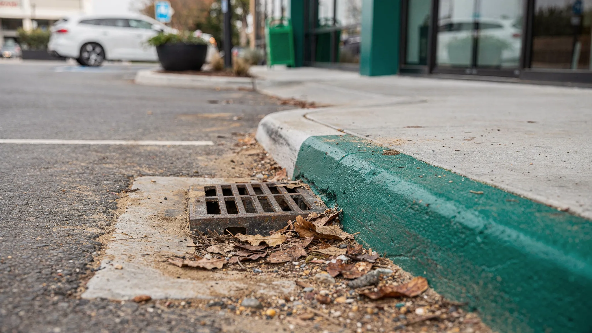 A curb line and storm drain inlet on a commercial street with visible sediment and leaves, alongside a cleaner adjacent section to illustrate why curb edges and drains are priority detail zones before final turnover.