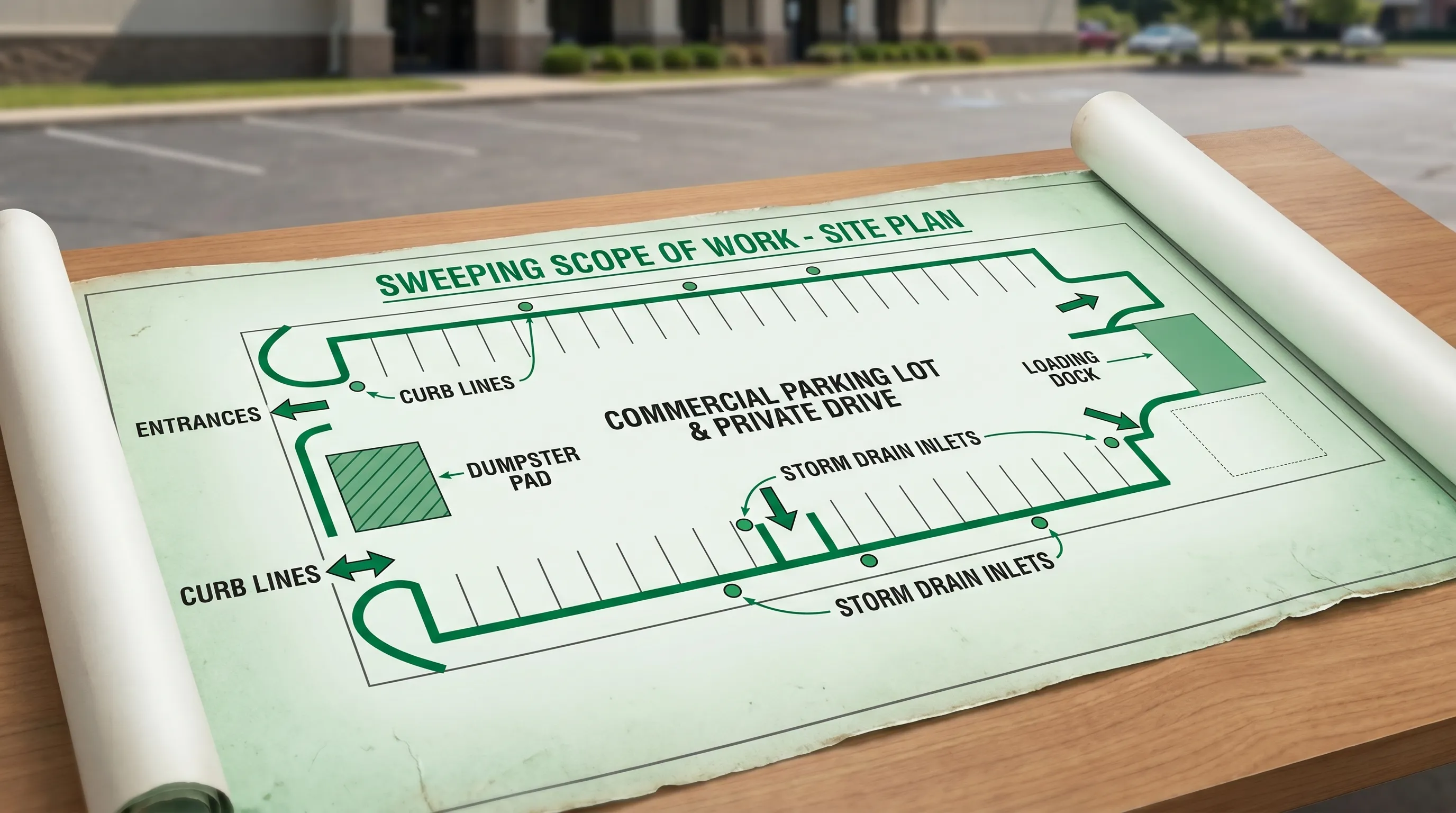 A commercial parking lot and private drive with clearly marked zones like entrances, curb lines, dumpster pad, loading dock, and storm drain inlets, shown as a simple annotated site map used for a sweeping scope of work.