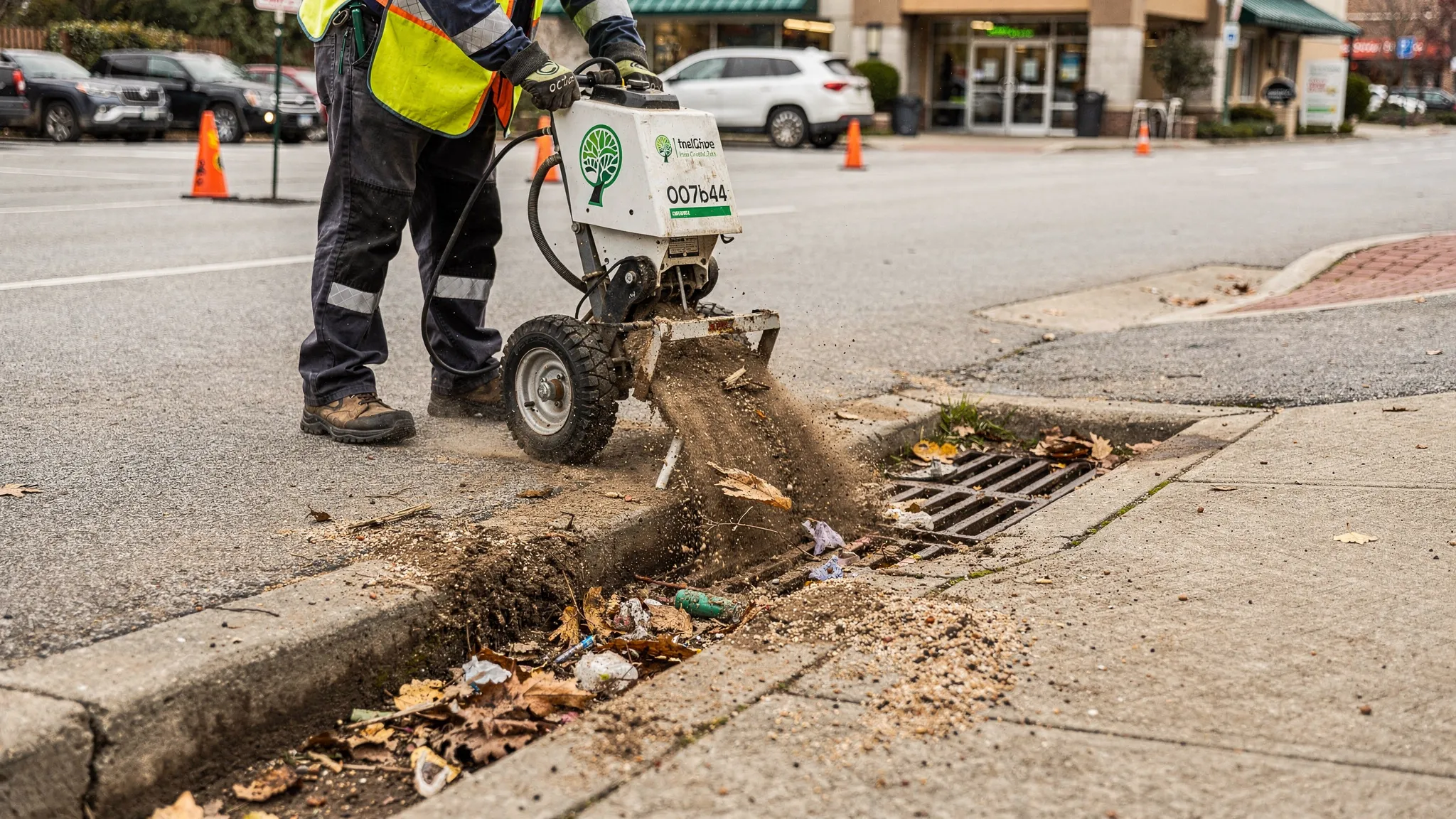 A sweeper operator performing curb-line detail cleaning along a commercial street edge near a storm drain inlet and an entrance driveway, with visible debris being collected rather than pushed into the gutter.