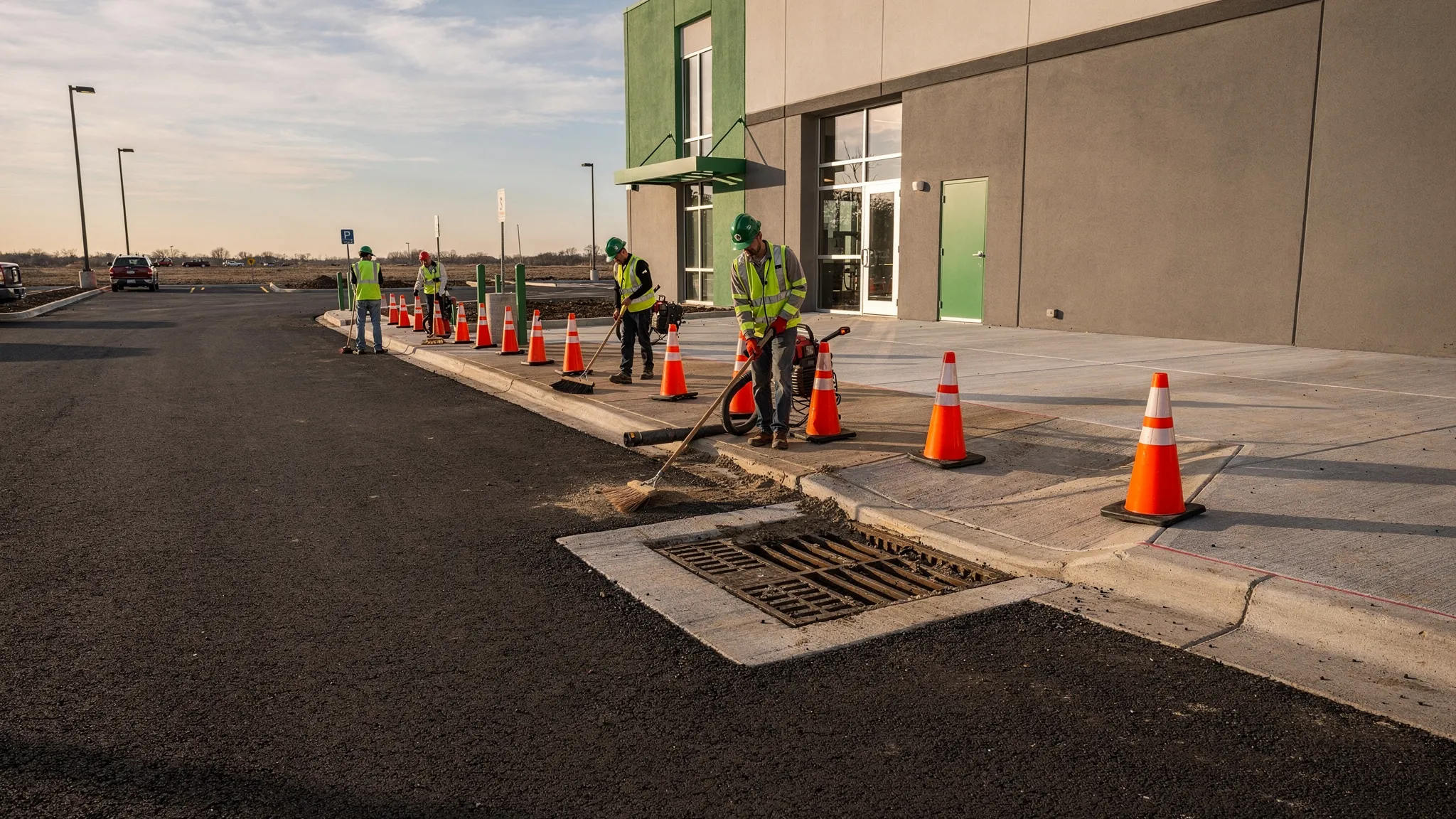 A newly finished commercial construction site entrance with clean swept asphalt, clearly visible curb line, sidewalk free of mud, a storm drain inlet visible near the curb, and a small crew doing final exterior cleanup with cones marking the work area.