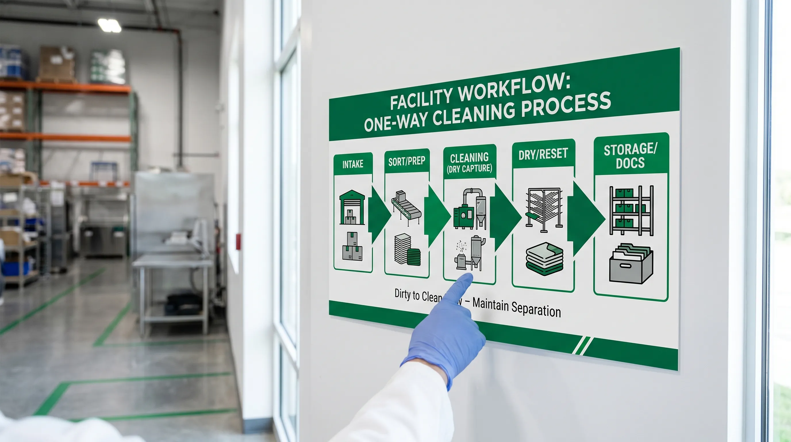 Simple diagram showing a one-way flow cleaning facility layout with five labeled zones: Intake, Sort/Prep, Cleaning (dry capture), Dry/Reset, Storage/Docs. Arrows show movement from dirty to clean.