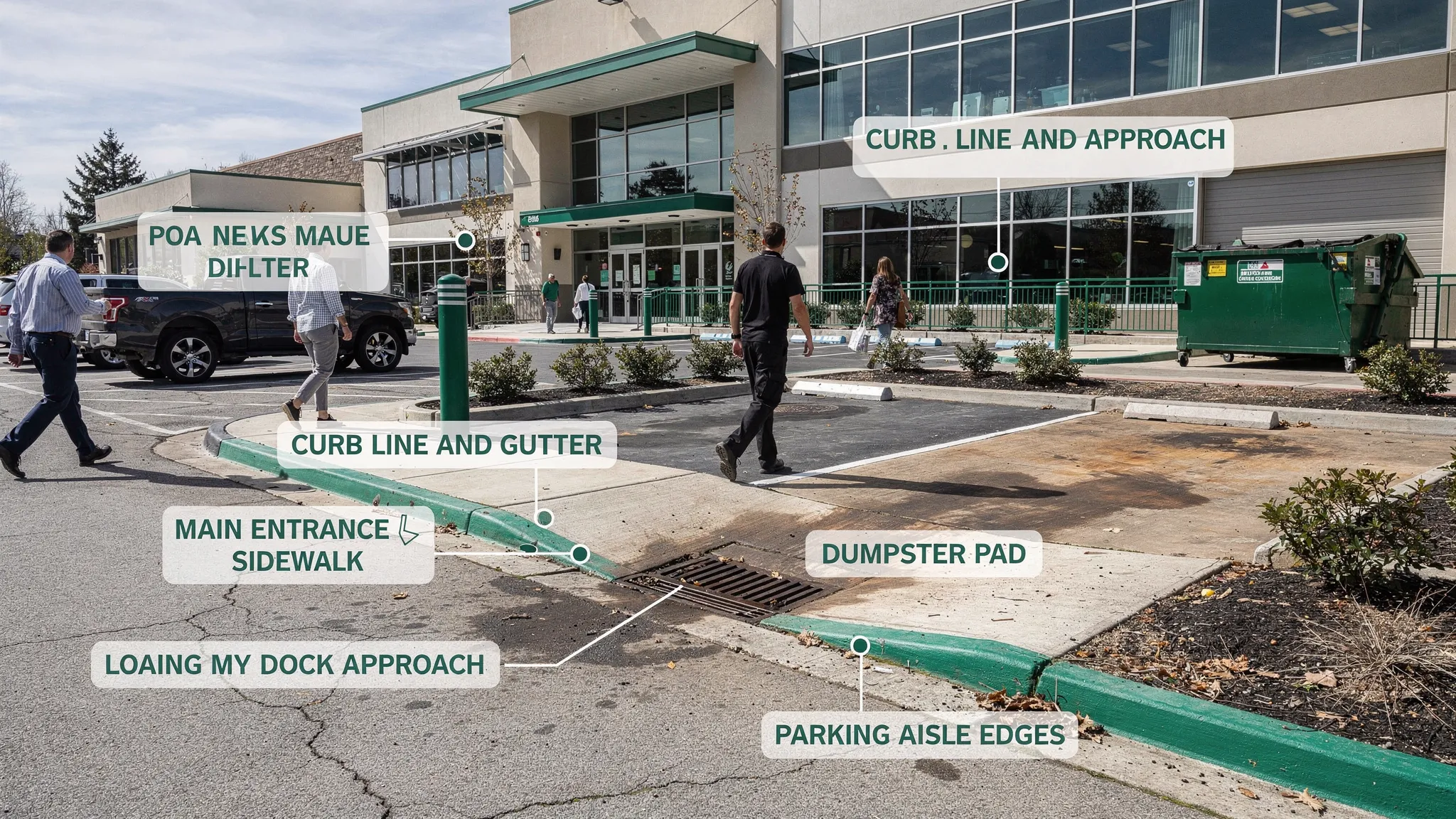 A busy commercial property exterior with visible high-traffic zones labeled: main entrance sidewalk, curb line and gutter, storm drain inlet, loading dock approach, dumpster pad, and parking aisle edges. The scene shows typical debris like leaves, grit, and small litter concentrated at edges.