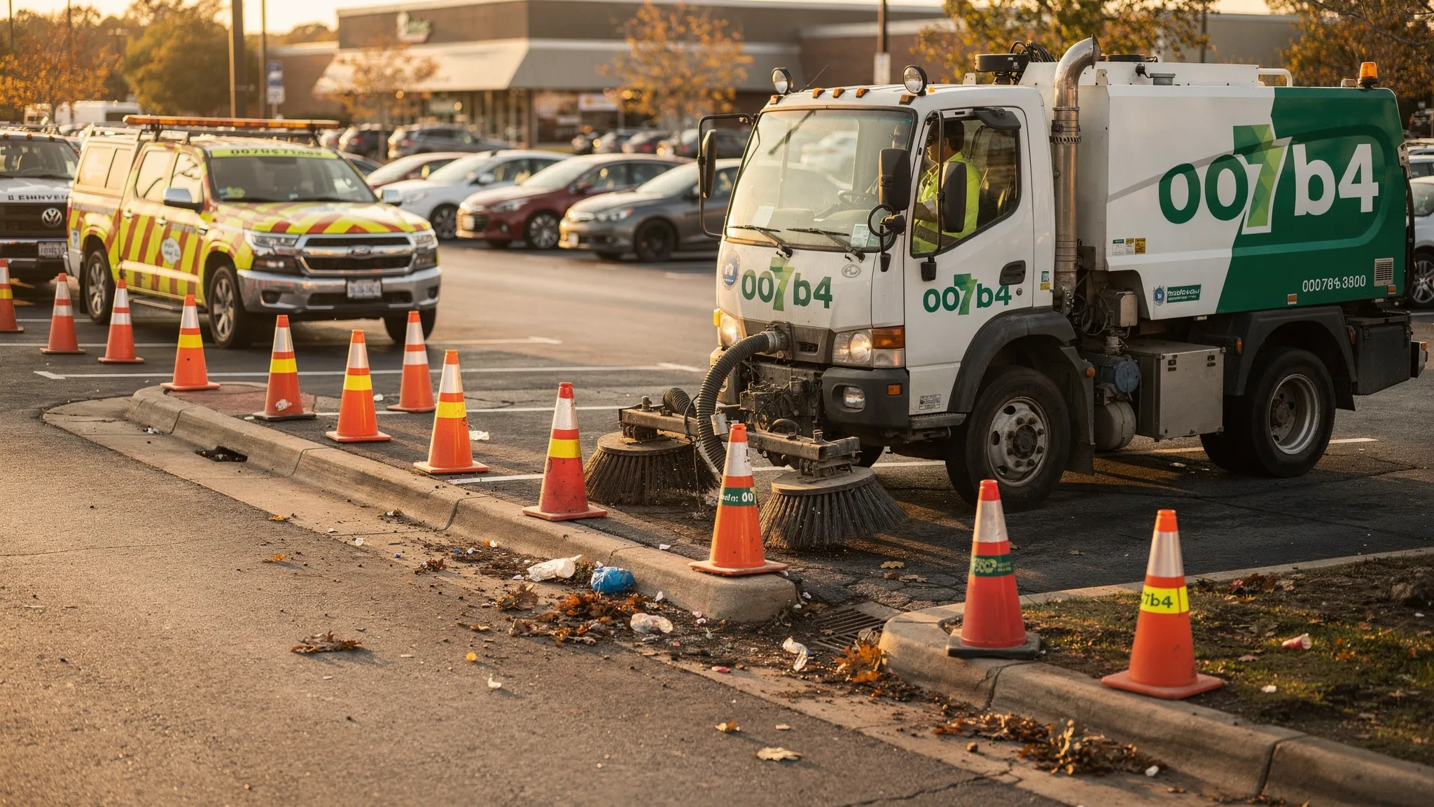 A professional street sweeper working along a curb line in a busy parking lot during off-peak hours. Cones and a spotter vehicle are present for safety, and visible debris is being collected from the gutter edge.