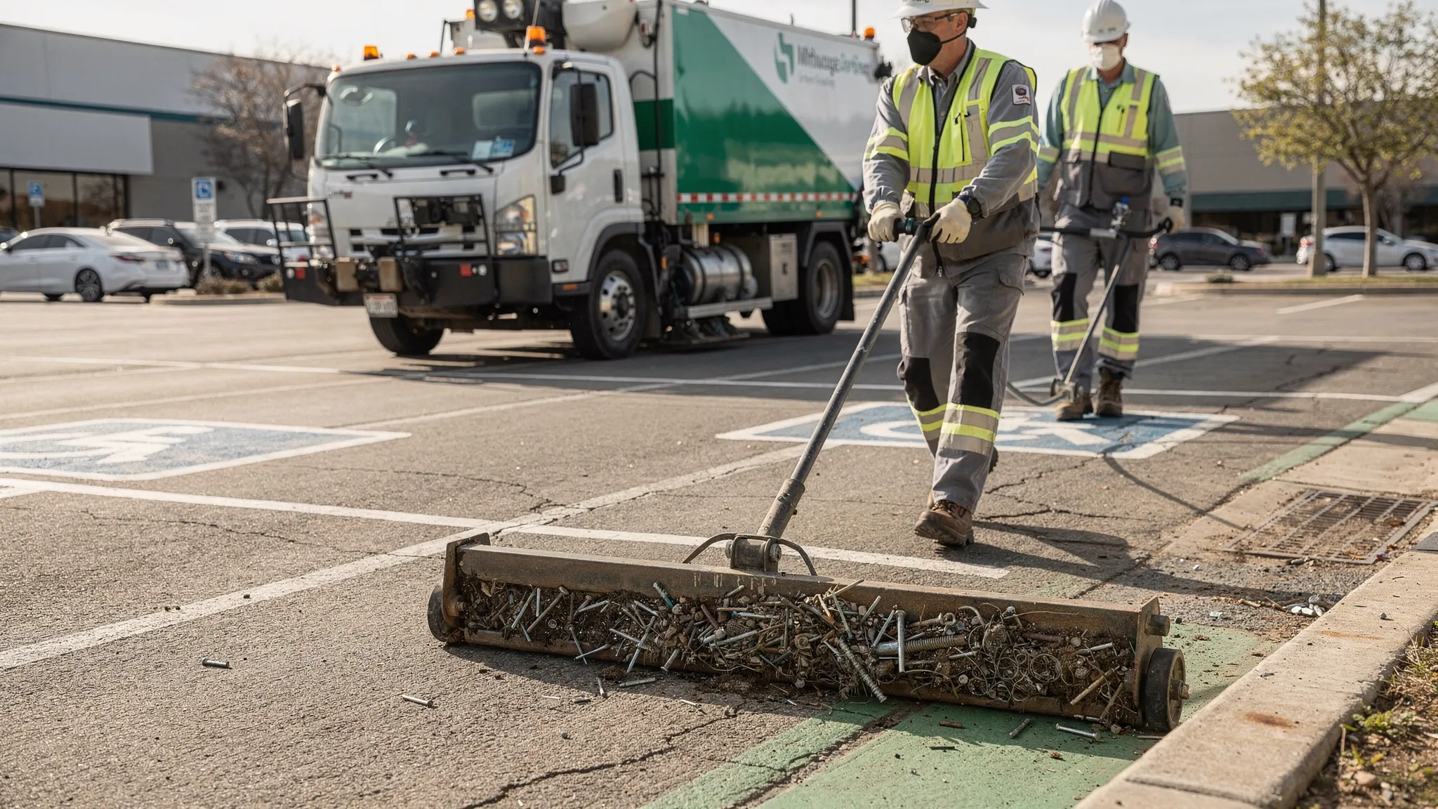 A street sweeping crew performing magnet sweeping behind a sweeper in a commercial parking lot, focusing on drive lanes and curb edges, with visible small metal debris collected on the magnet bar.