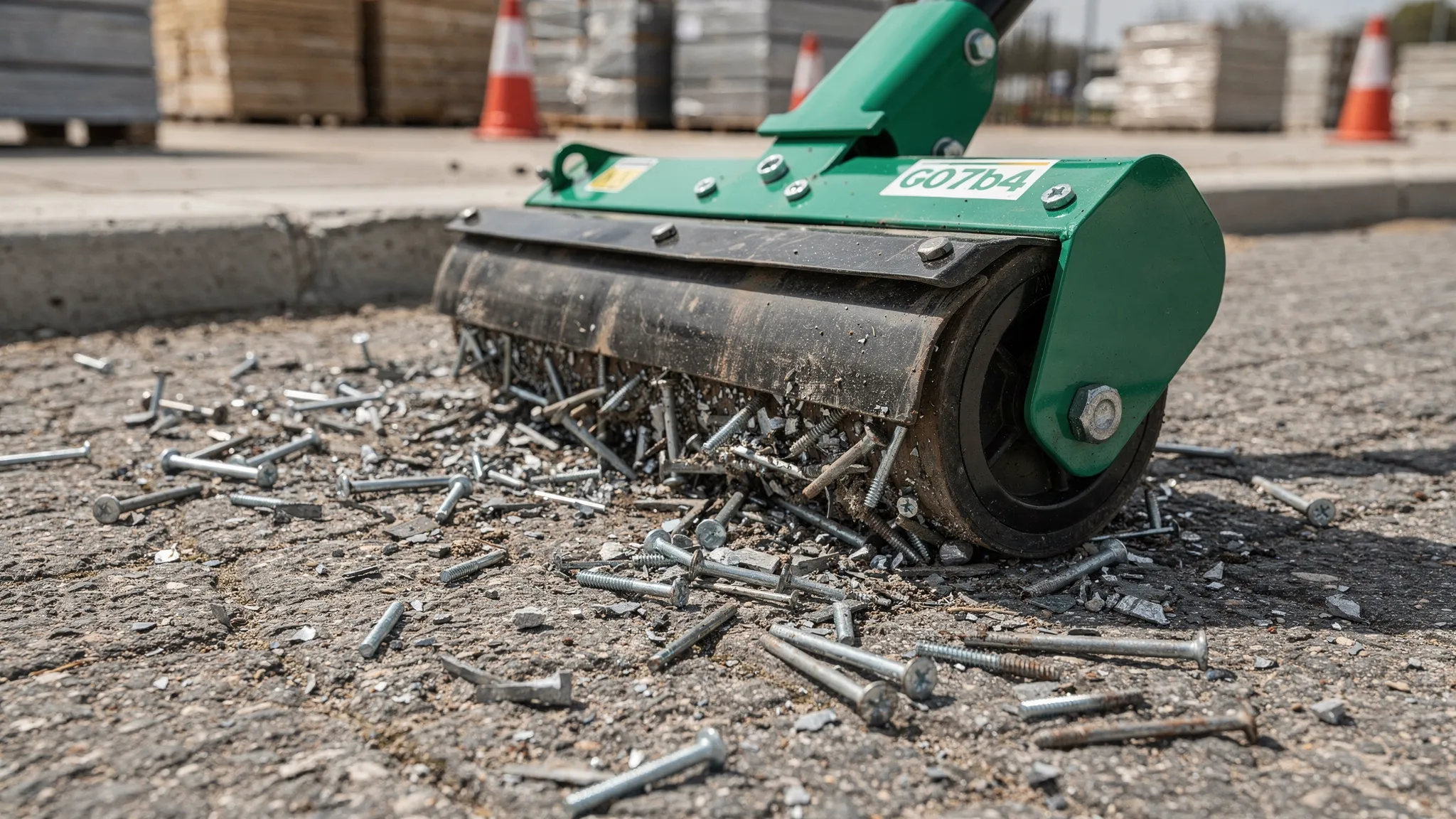 A close-up of a magnetic sweeper attachment collecting nails and metal fragments from pavement near a construction staging area, with a clean curb edge in the background.