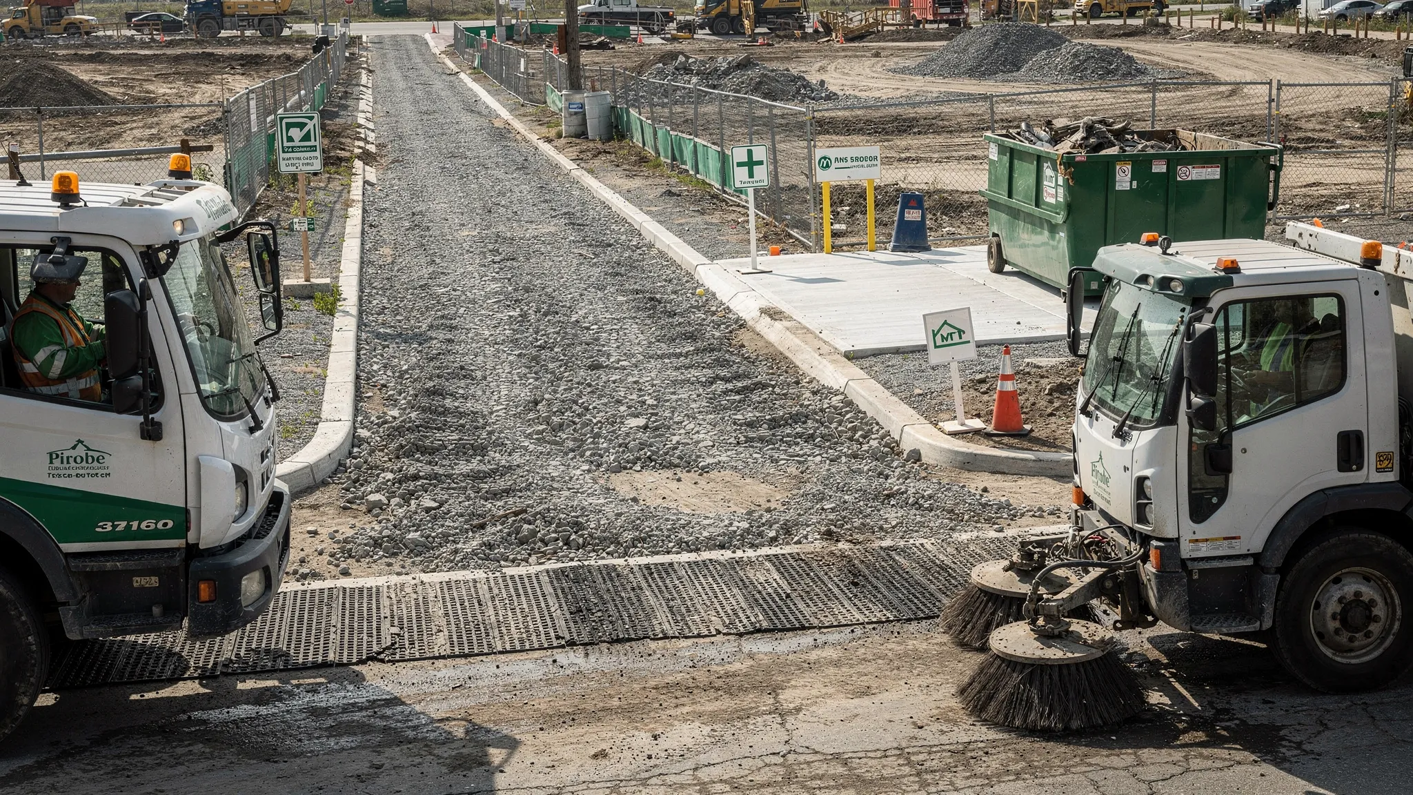 A construction site haul route and entrance stabilized with visible track-out control measures, clean pavement edges, a nearby dumpster pad kept clear, and a sweeper working along the curb line.