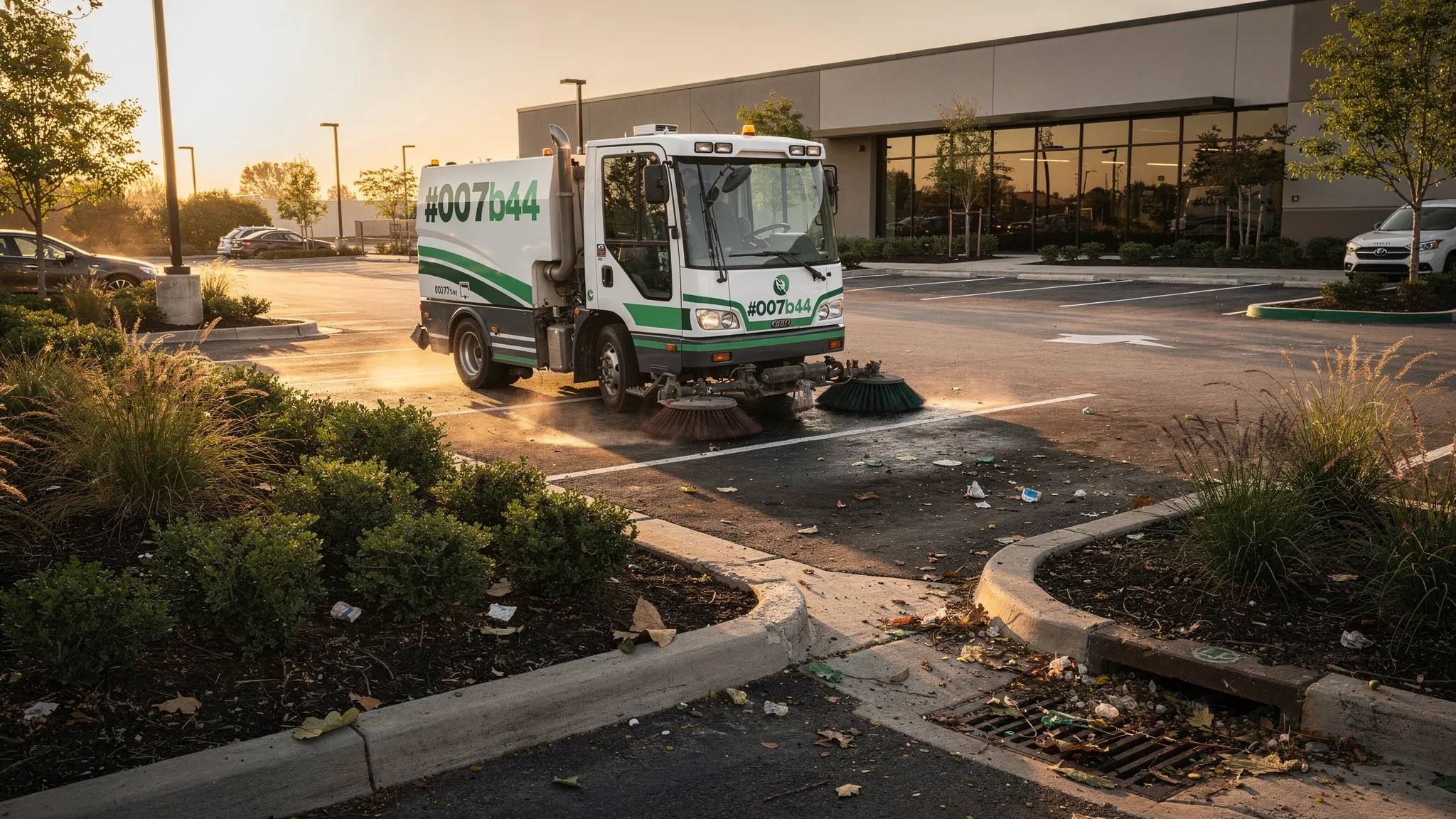 A professional street sweeper cleaning the curb line of a commercial parking lot at sunrise, with visible debris being collected near landscaped islands and storm drain areas.