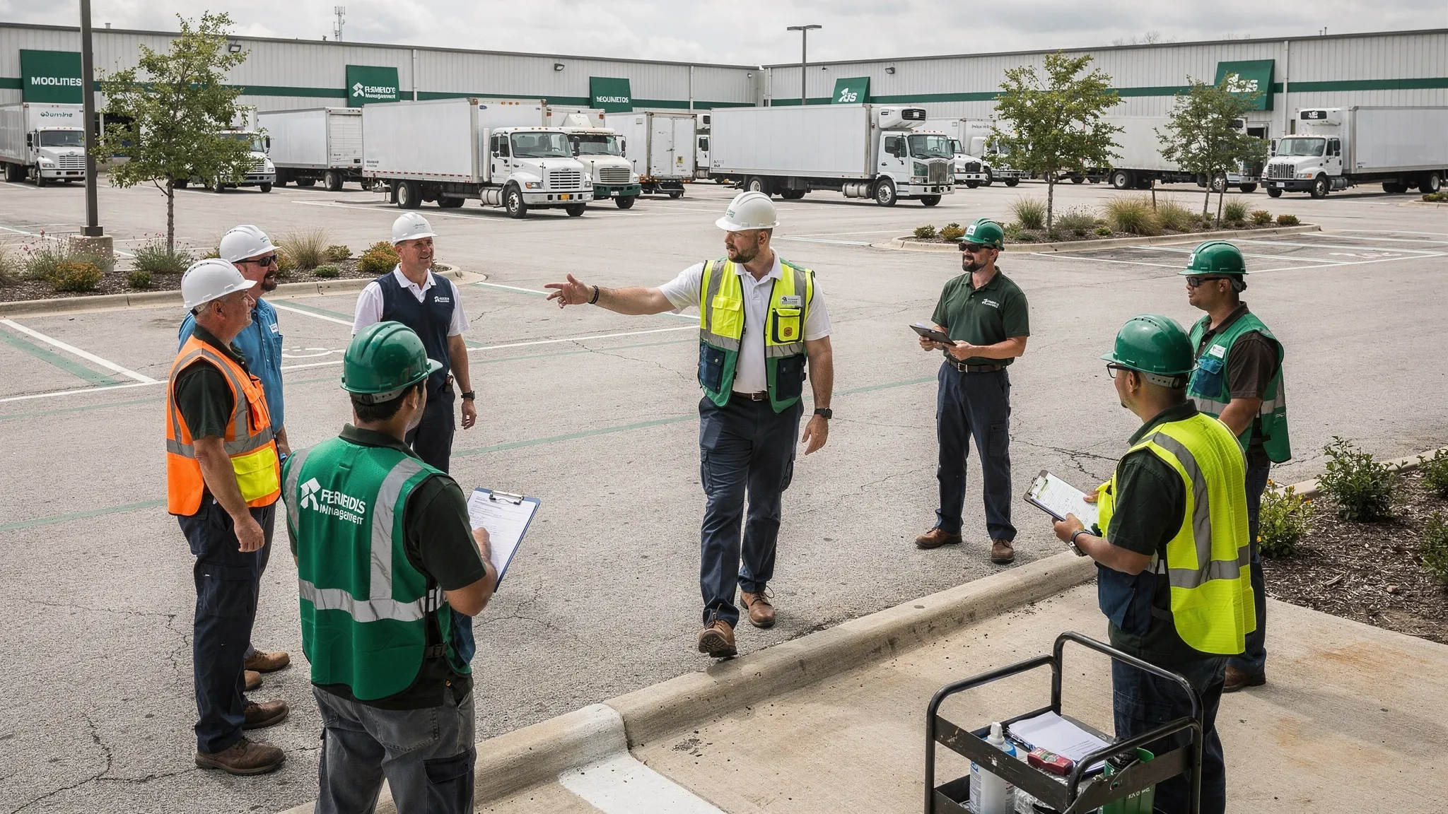 A site manager walking a paved commercial property with a cleanup crew, pointing toward curb lines, loading areas, storm drains, and vehicle access routes.