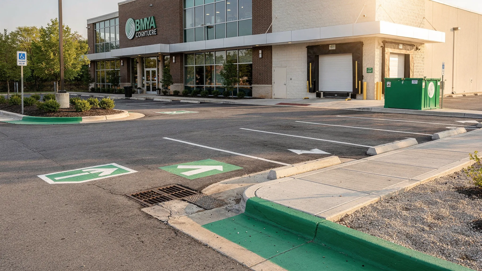 A clean commercial property exterior in Nashville with highlighted problem areas including curb lines, parking lot edges, storm drain inlets, loading docks, dumpster pads, sidewalks, and construction access points.