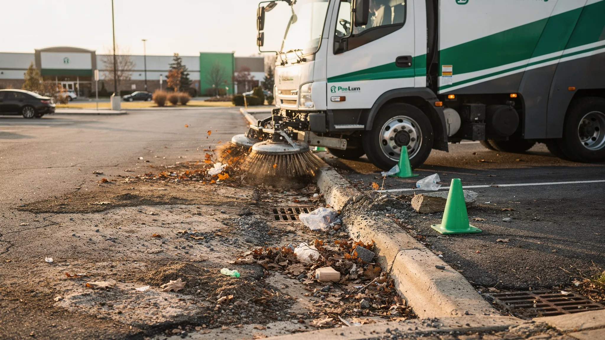 A professional sweeper truck cleaning the curb line of a commercial parking lot while leaves, litter, sediment, and small construction debris are collected away from storm drains.