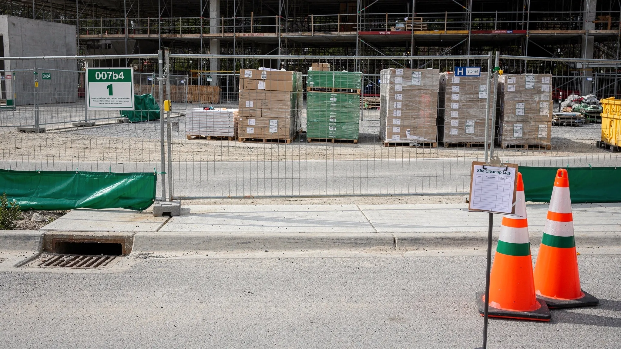 A clean construction site entrance with swept pavement, clear curb lines, protected storm drain inlet, orderly material staging, and a small cleanup log clipboard near safety cones.