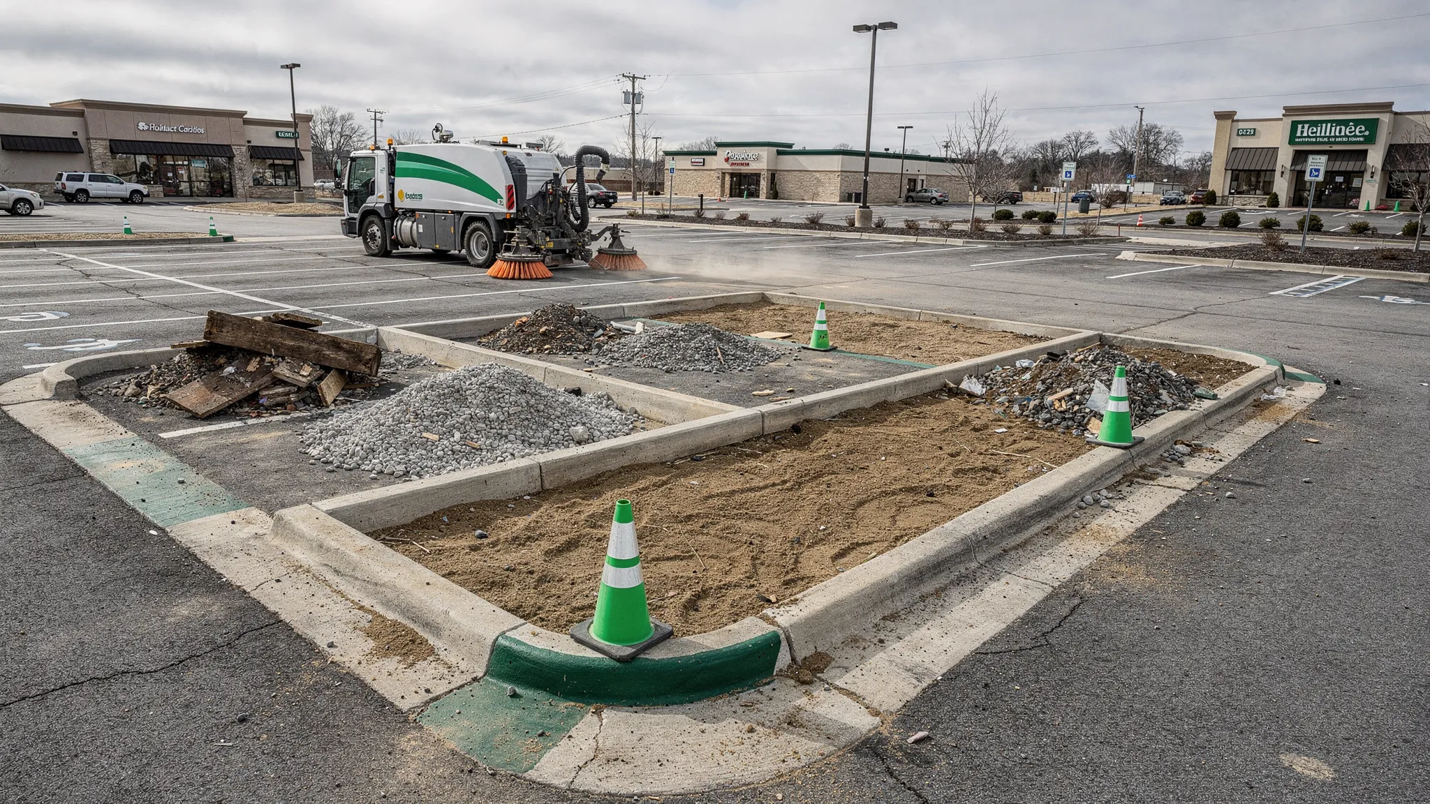 A commercial parking lot in Nashville with bulky debris, scattered gravel, and curb-line sediment separated into cleanup zones before a street sweeper finishes the pavement.