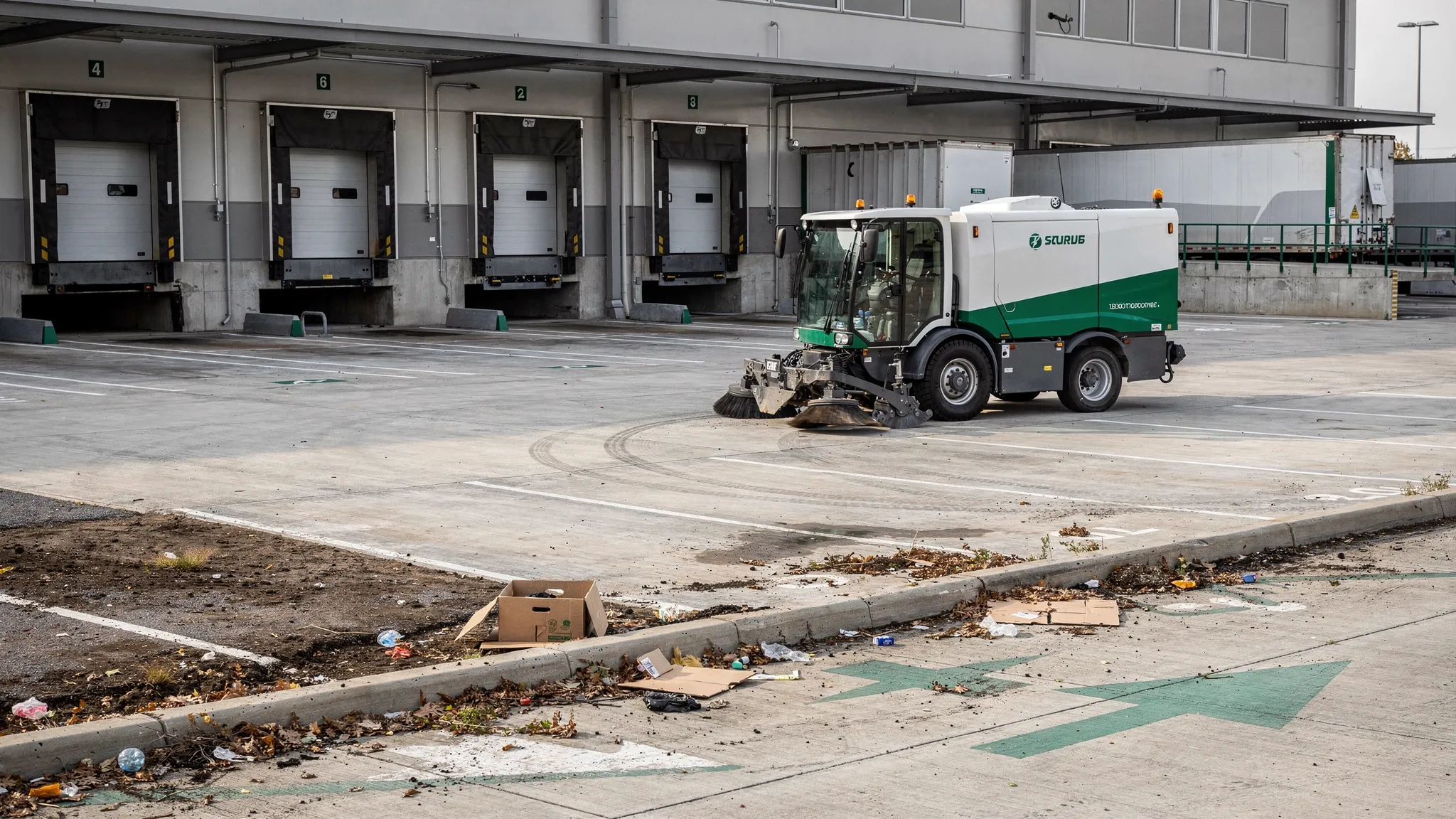 A professional street sweeper cleaning an industrial loading dock apron with trailers, dock doors, marked drive lanes, and collected debris near curb lines.