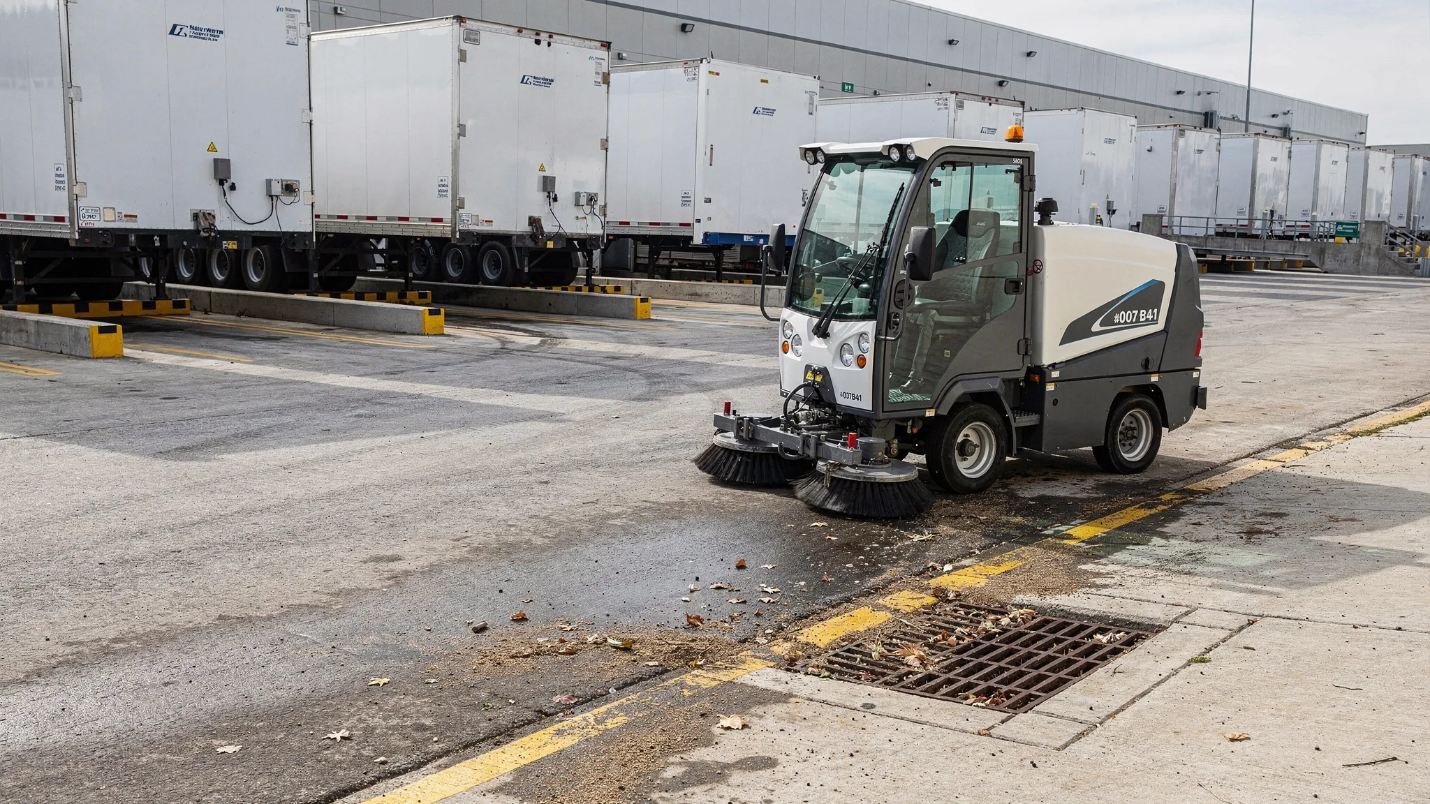 An industrial loading dock and paved yard with a street sweeper removing dust and debris near trailers, curb lines, and storm drain areas.