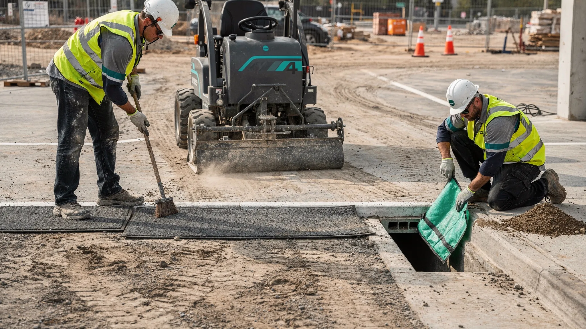 A construction entrance with dusty pavement, curb lines, and walk-off mats being cleaned with a sweeper and hand-detail tools while workers protect nearby storm drains.