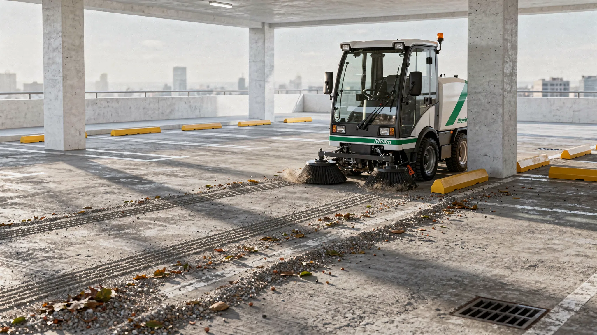 A compact garage sweeper cleaning a concrete parking deck near columns, wheel stops, and drain areas, with visible debris collected from drive lanes and edges.