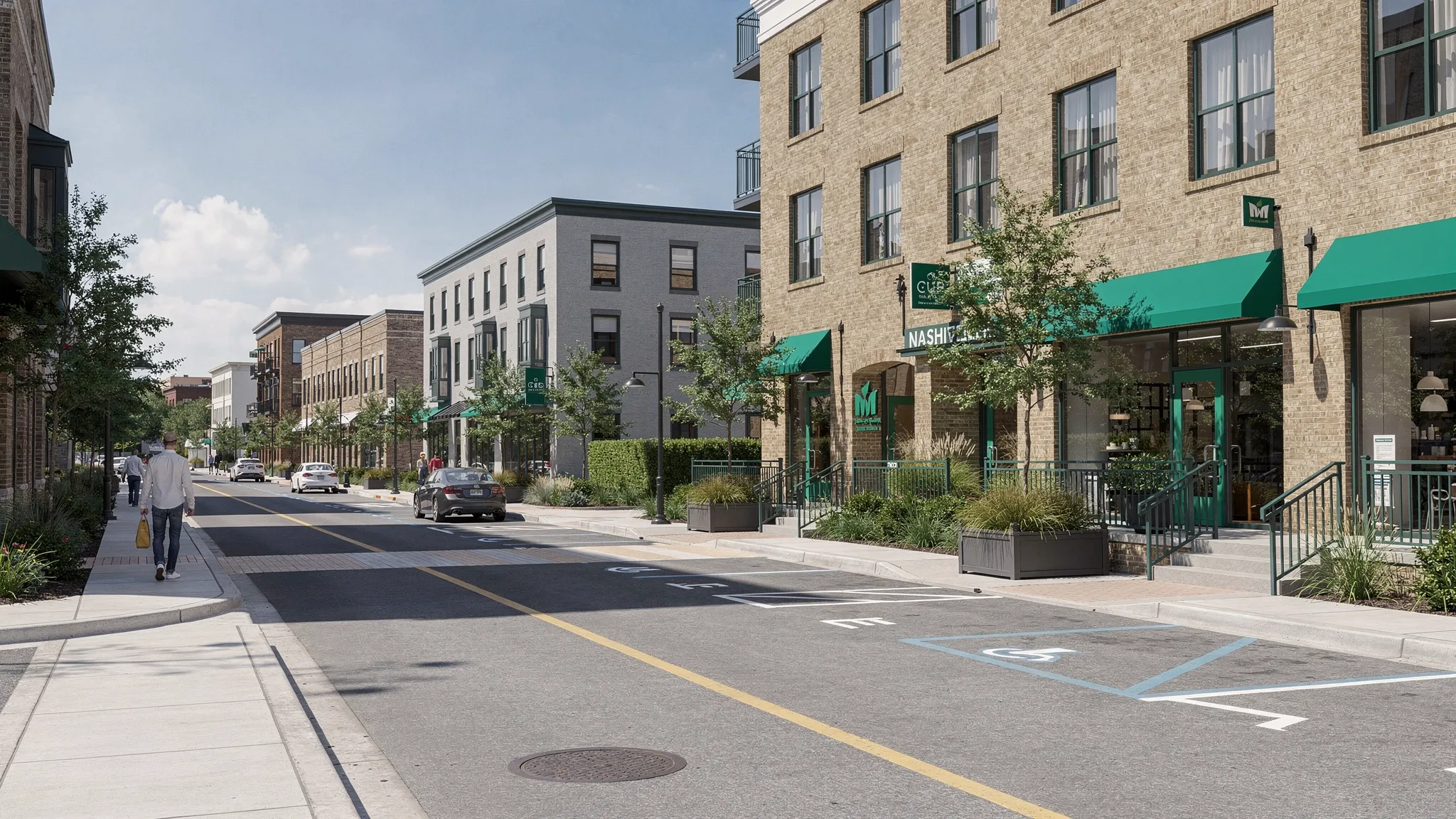 A clean Nashville mixed-use street with tidy sidewalks, clear curb lines, landscaped storefronts, swept parking areas, and well-maintained building entrances on a sunny day.
