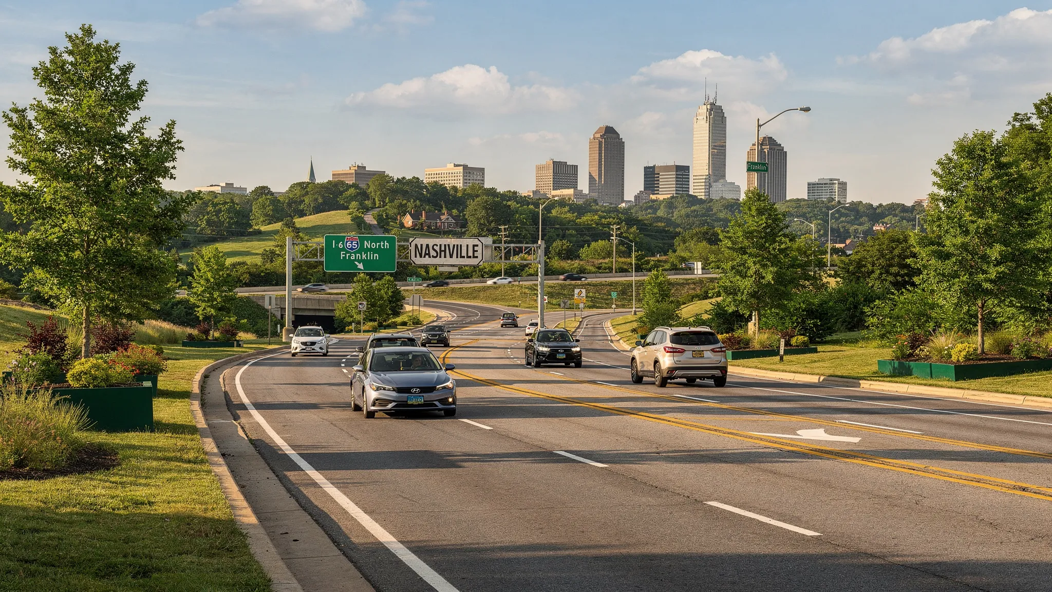 A clean commuter road in Middle Tennessee with light traffic, clear curb lines, landscaped shoulders, and a skyline in the distance suggesting the route from Franklin to Nashville.