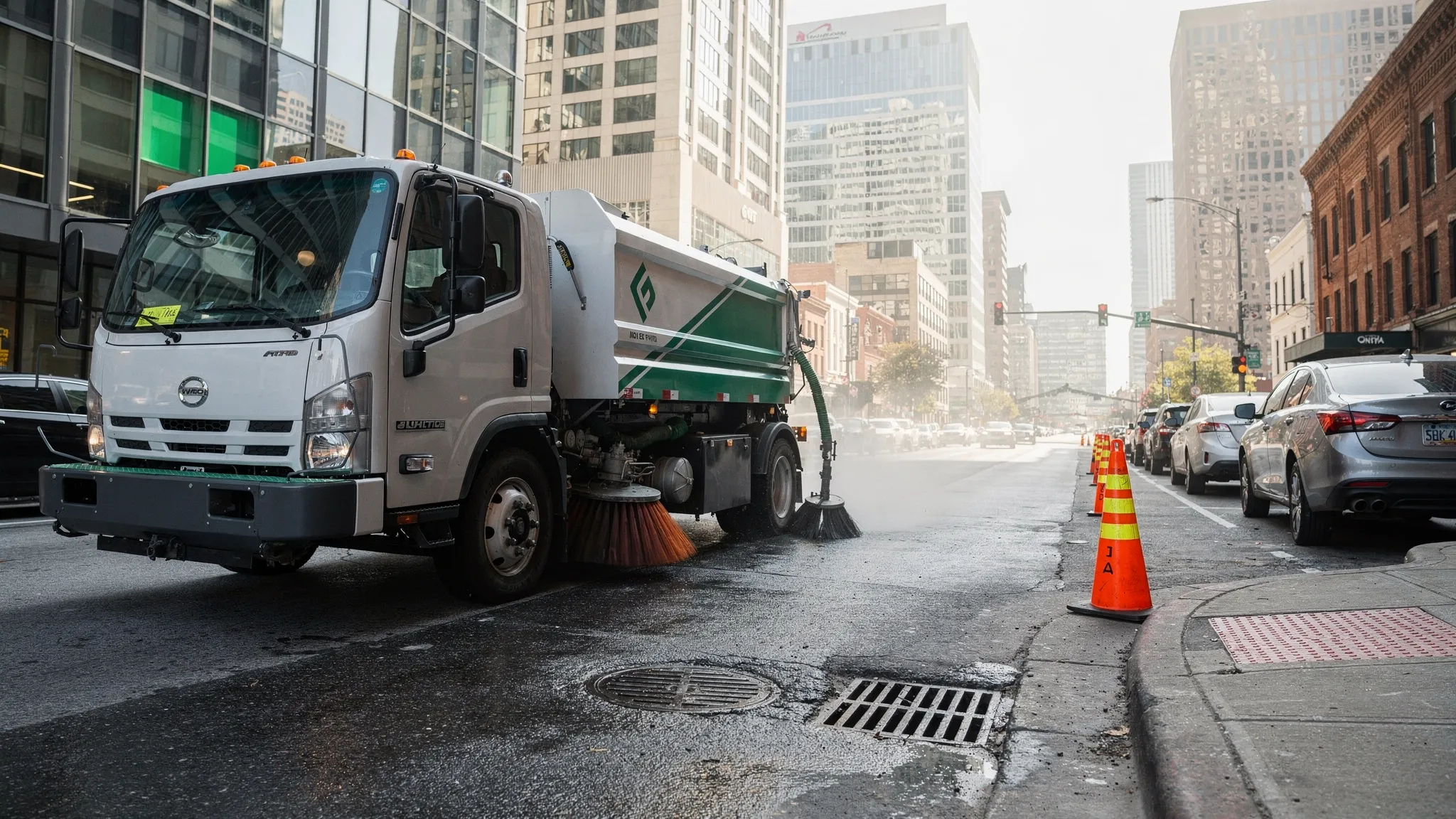 A street sweeping truck working along a downtown Nashville curb with high-rise buildings, parked cars, construction cones, and storm drain inlets visible near the street.