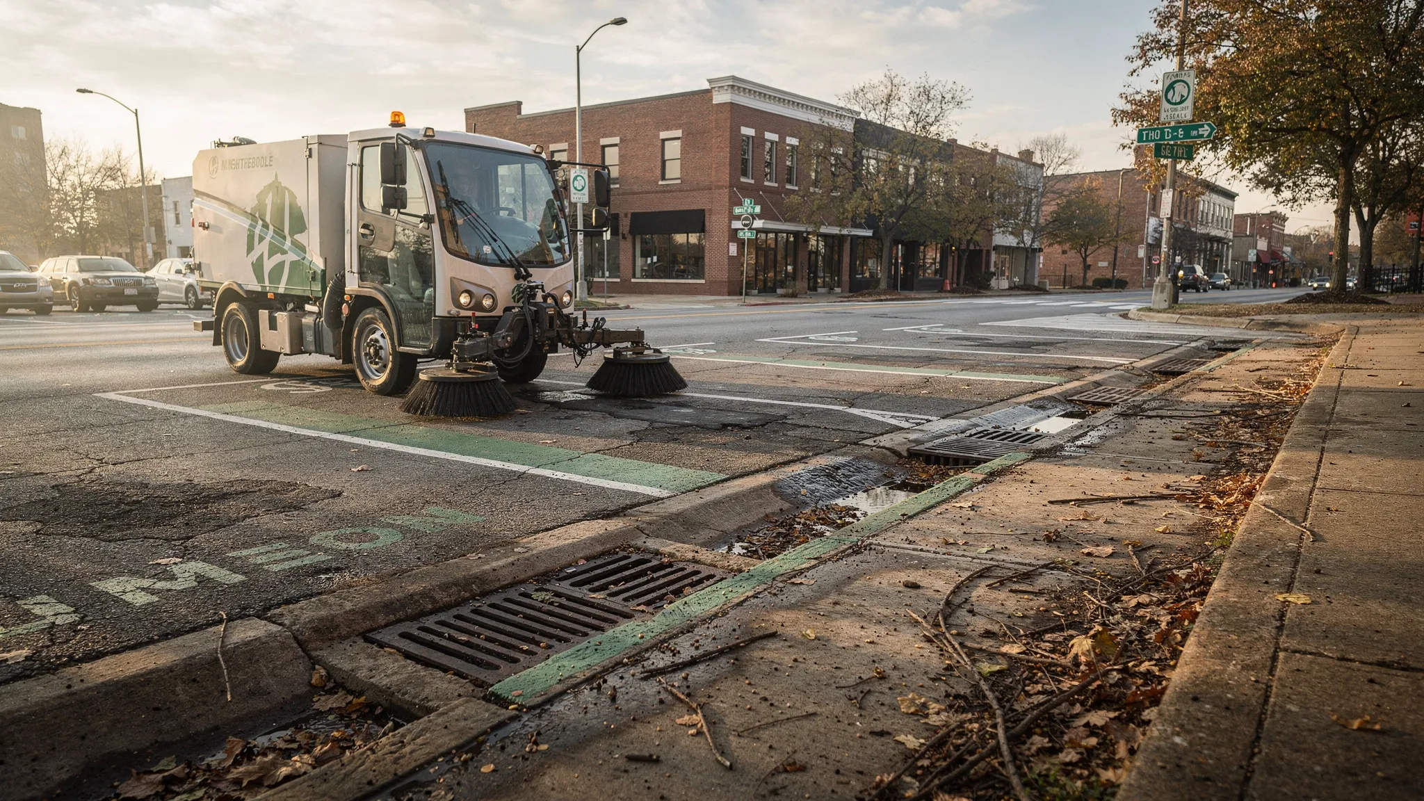 A Nashville curb lane with open parking spaces, scattered leaves and sediment along the gutter, and a street sweeper cleaning near storm drain inlets during a quiet early morning period.
