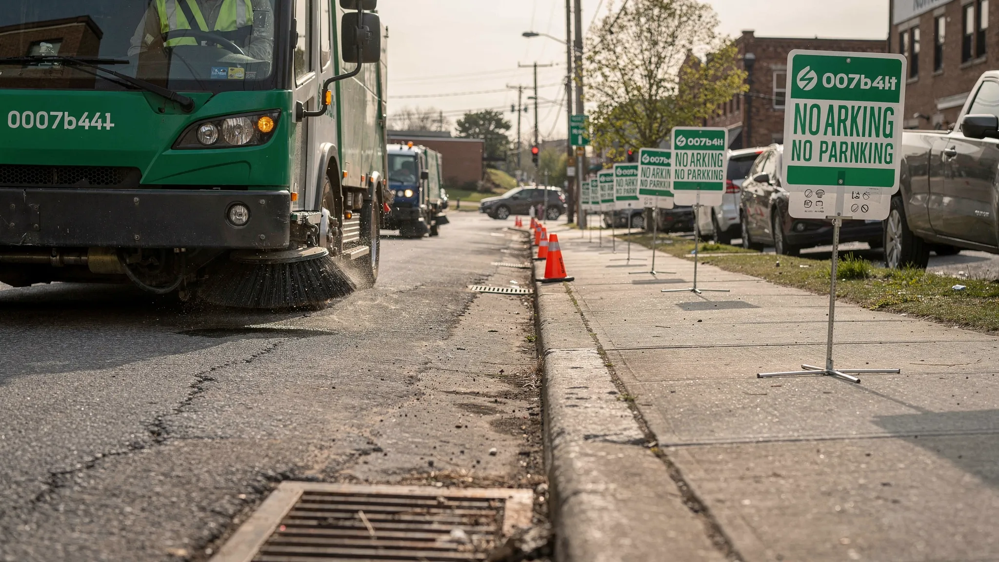 Low-angle view of a street sweeper cleaning a Nashville curb line with temporary no-parking signs, orange cones, parked vehicles moved away from the curb, and storm drains visible along the street edge.