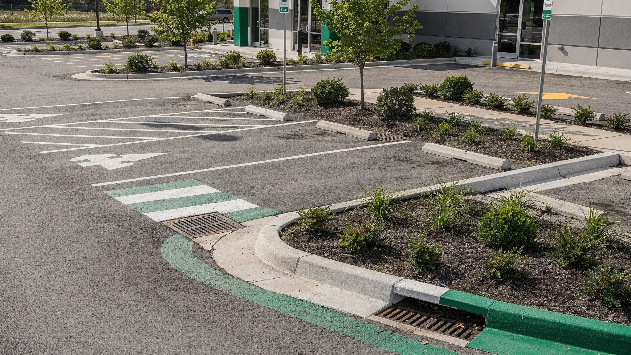 A clean commercial parking lot with clear curb lines, open storm drain inlets, landscaped islands, and visible entrance lanes after professional sweeping.
