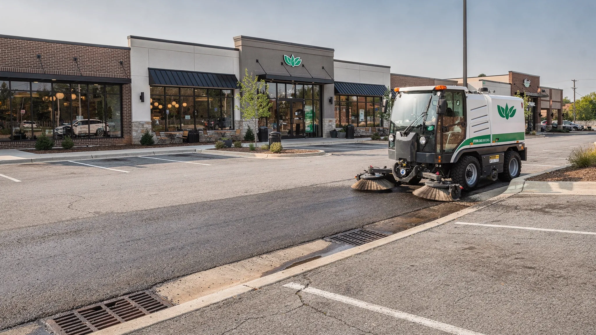 A street sweeper cleaning the curb line of a Nashville commercial parking lot near storefronts, with storm drains beside the pavement and clear drive lanes in view.