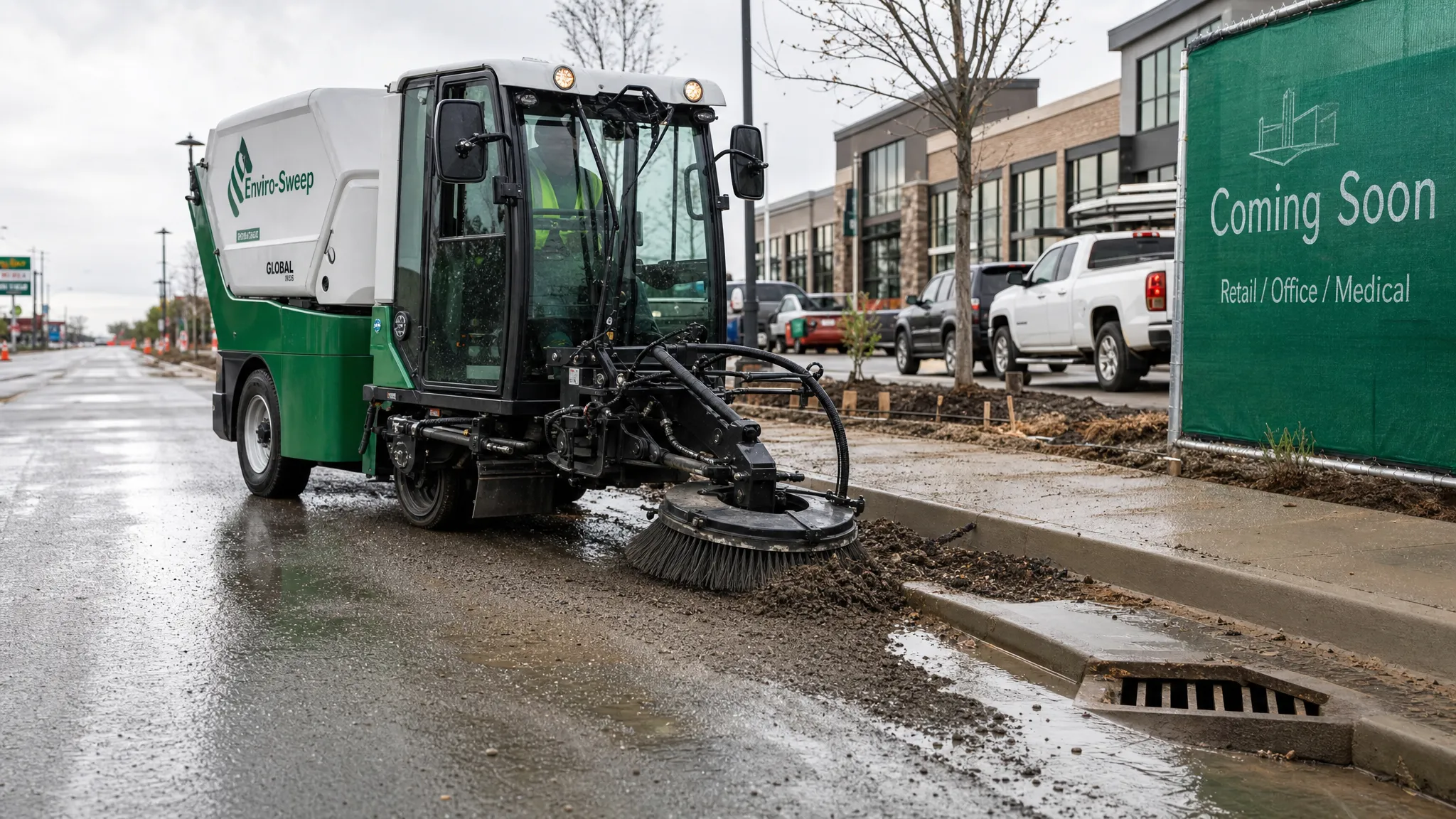 A street sweeper clearing mud and loose aggregate from a curb line beside a new commercial development, with construction fencing, parked vehicles, and storm drain inlets visible nearby.
