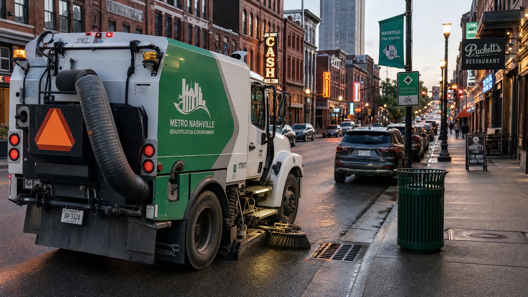 A street sweeper working along a downtown Nashville curb line early in the morning, with restaurants, music venues, parked cars, and storm drains visible along the street.