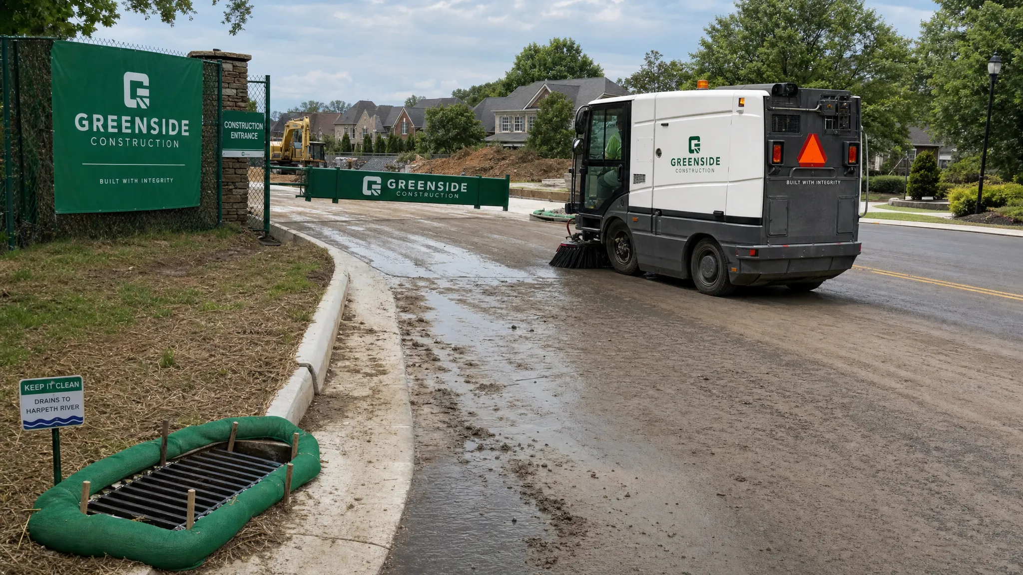 A construction entrance in a Nashville-area suburb with mud track-out on pavement, a street sweeper cleaning near the curb line, and a storm drain protected from sediment nearby.