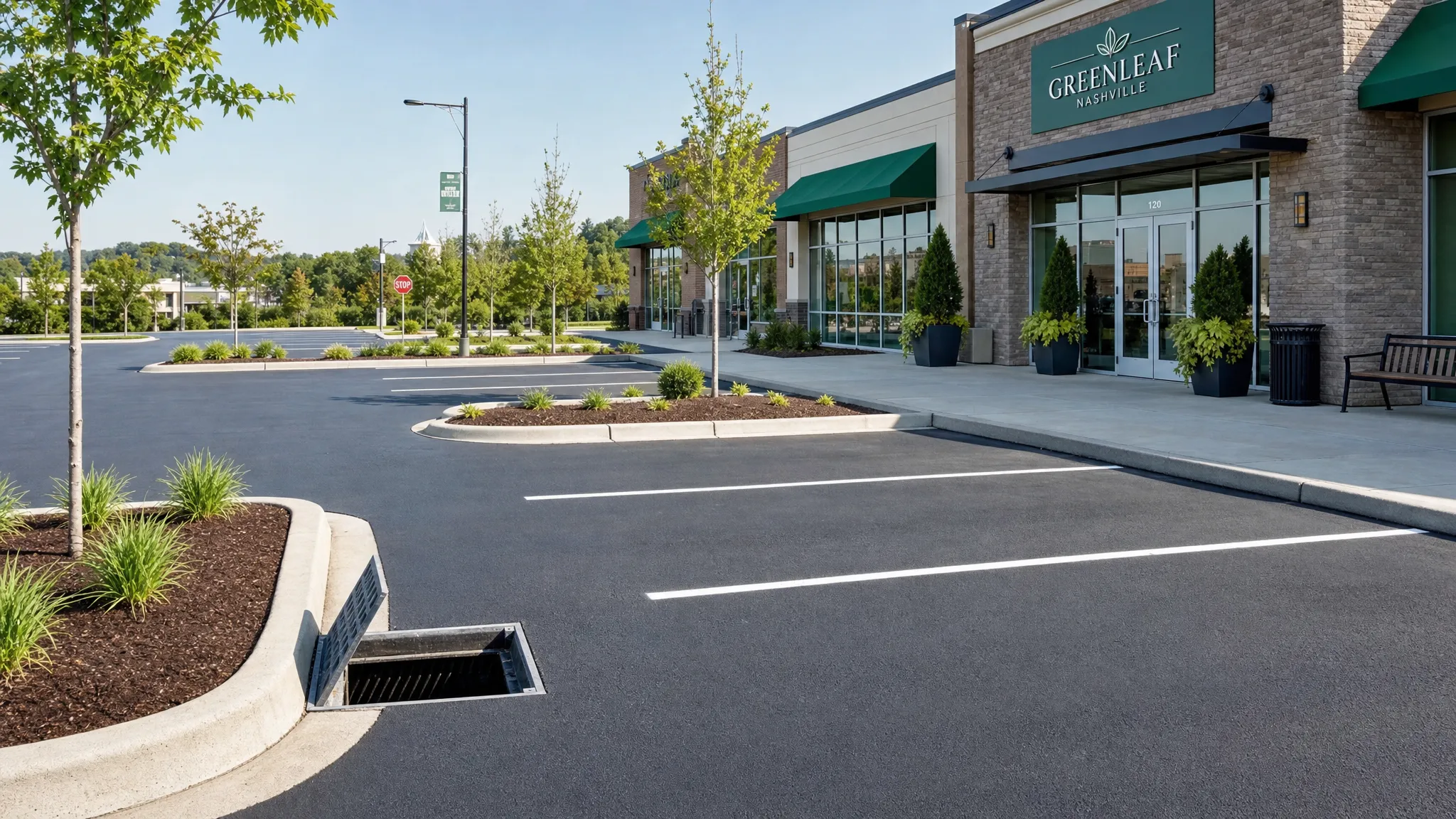 A clean Nashville commercial parking lot after sweeping, with clear curb lines, open storm drain grates, tidy landscape islands, and a storefront entrance free of debris.