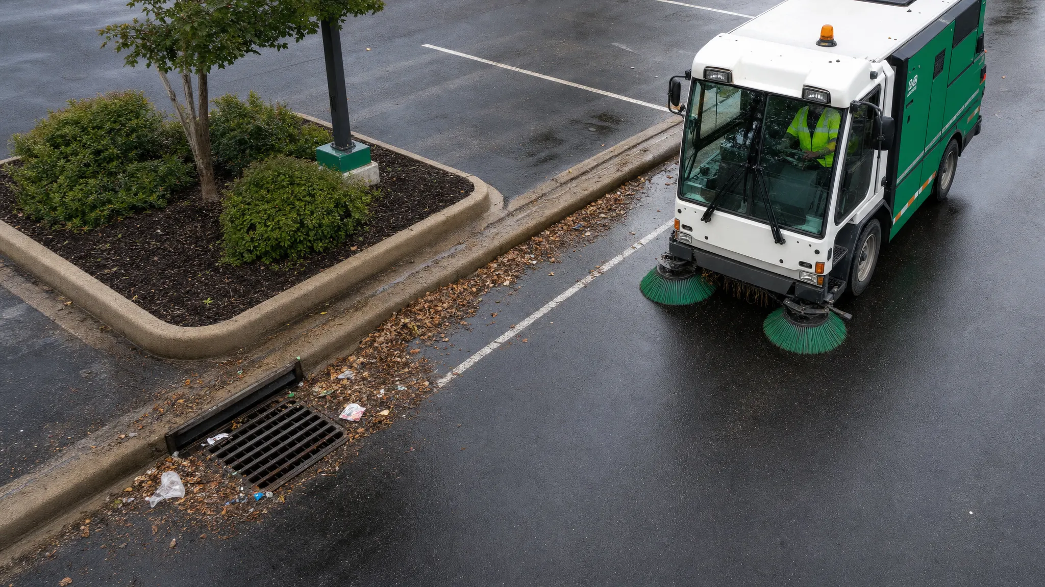 A commercial parking lot near a storm drain with leaves, sediment, and light trash collecting along the curb line while a street sweeper works in the drive lane, shown from an overhead angle.