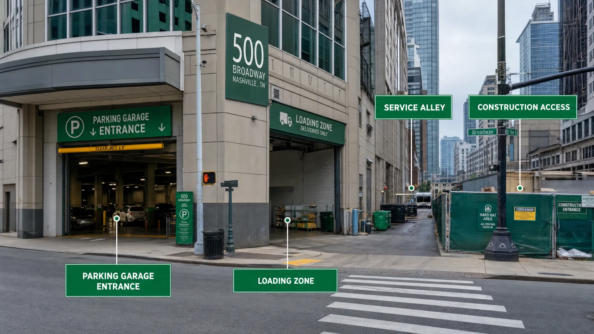 A downtown Nashville commercial block with a parking garage entrance, a loading zone, a service alley, and a construction access point all visible from the same street corner, showing the different cleanup zones tied to one address.