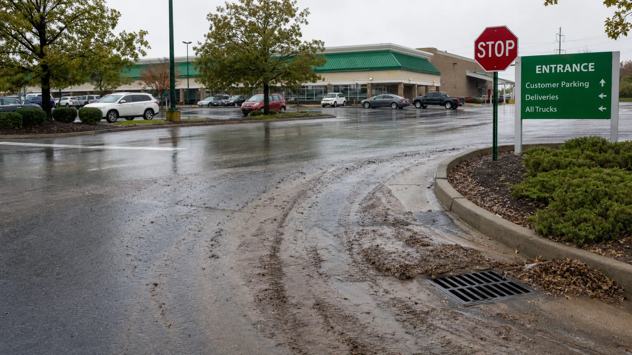 A wet commercial parking lot in Middle Tennessee after several rainy days, with muddy tire tracks near the entrance, leaves gathered along curb lines, and a storm drain inlet partially surrounded by sediment.