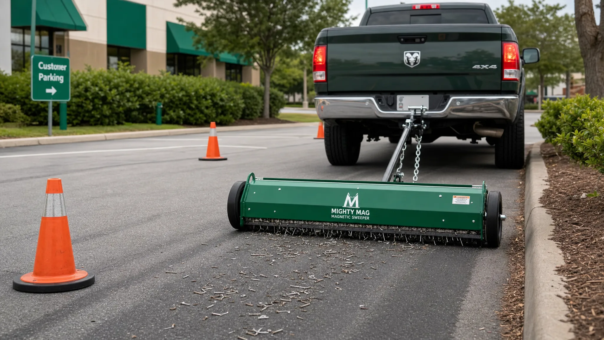 A commercial parking lot curb line with a tow-behind magnetic sweeper collecting nails and screws from the pavement while orange cones mark the active cleaning area.